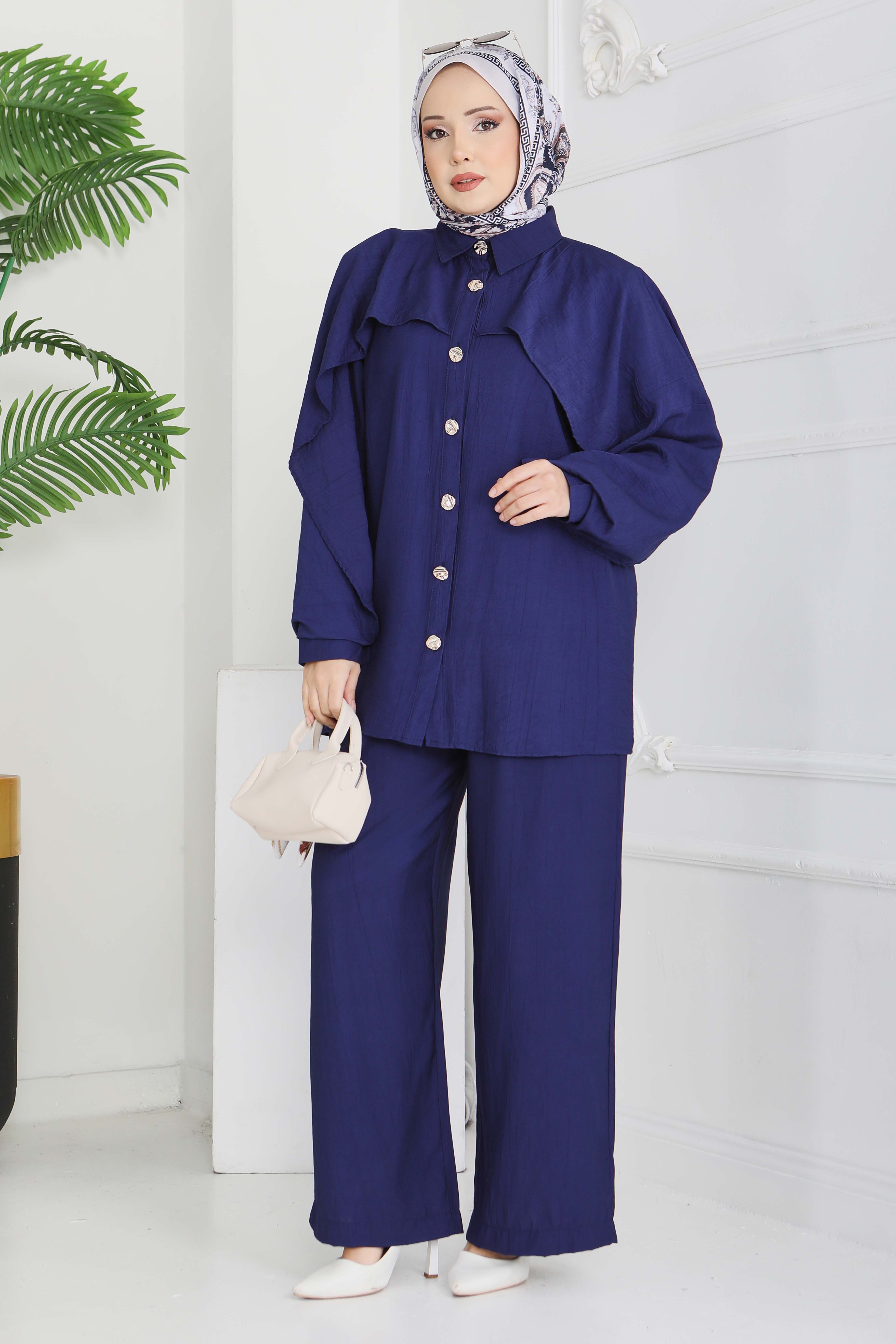Düğmeli Pelerinli İkili Takım - 28216-LACIVERT - 3