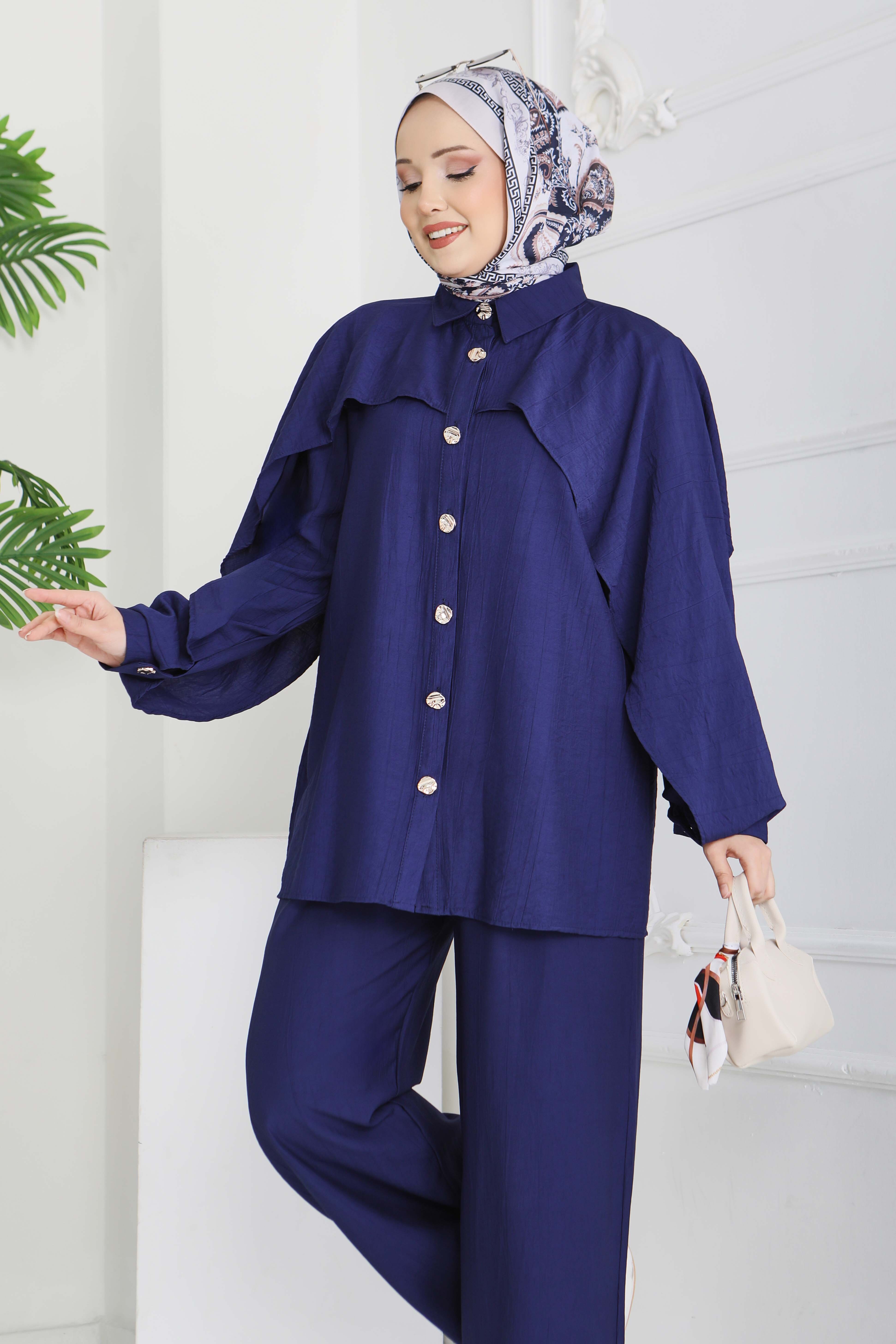 Düğmeli Pelerinli İkili Takım - 28216-LACIVERT - 4