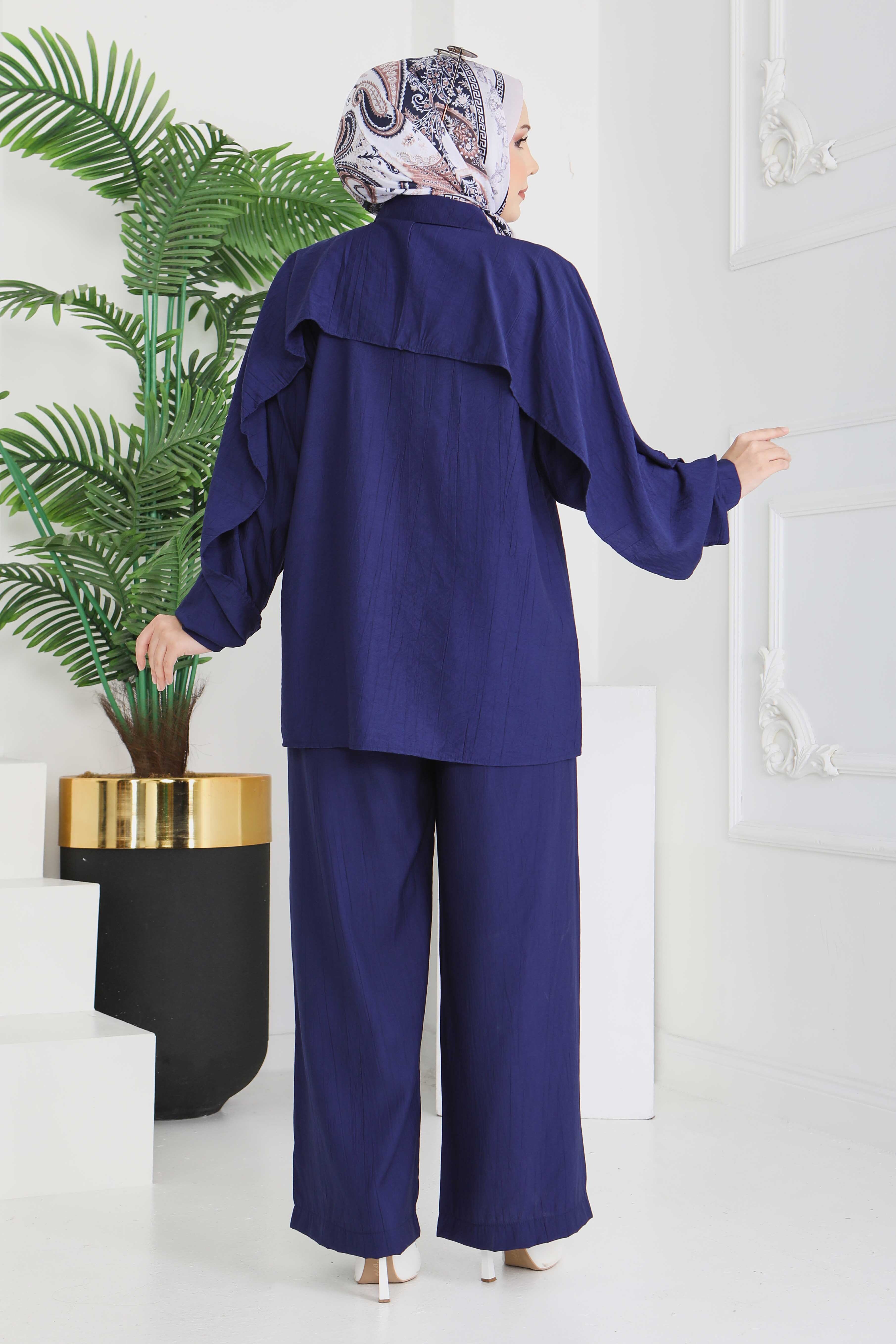 Düğmeli Pelerinli İkili Takım - 28216-LACIVERT - 5