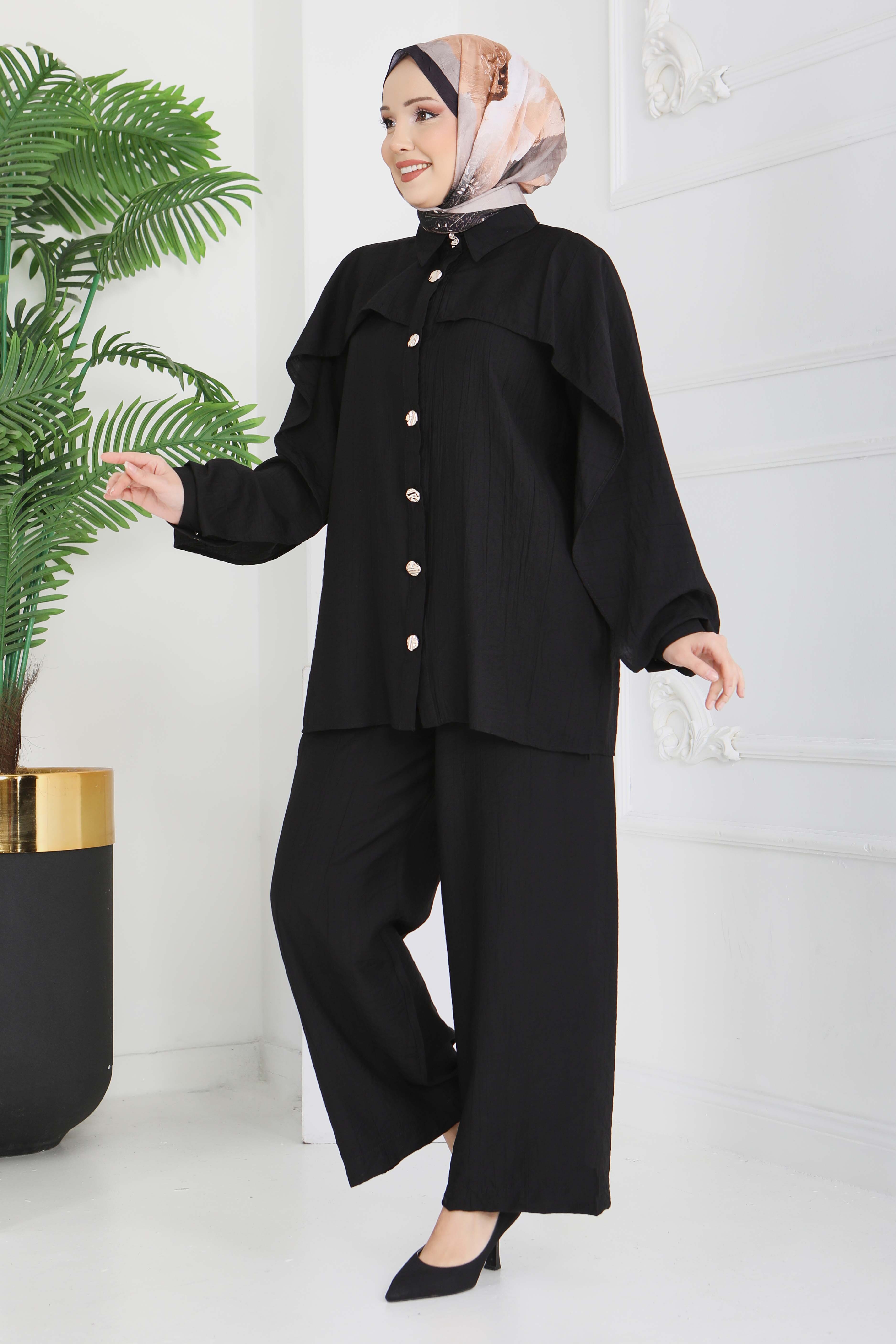 Düğmeli Pelerinli İkili Takım - 28216-SIYAH - 1