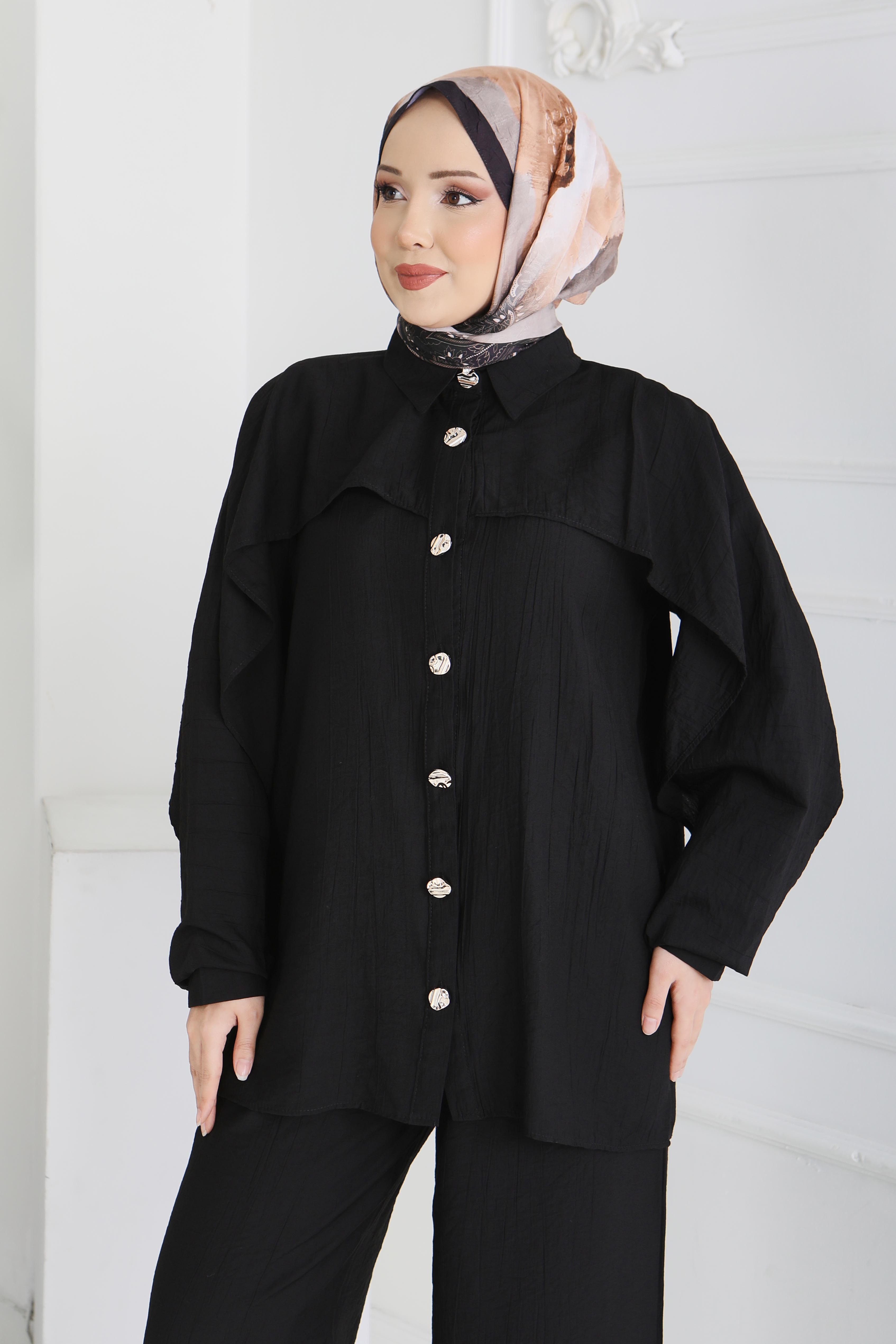 Düğmeli Pelerinli İkili Takım - 28216-SIYAH - 3