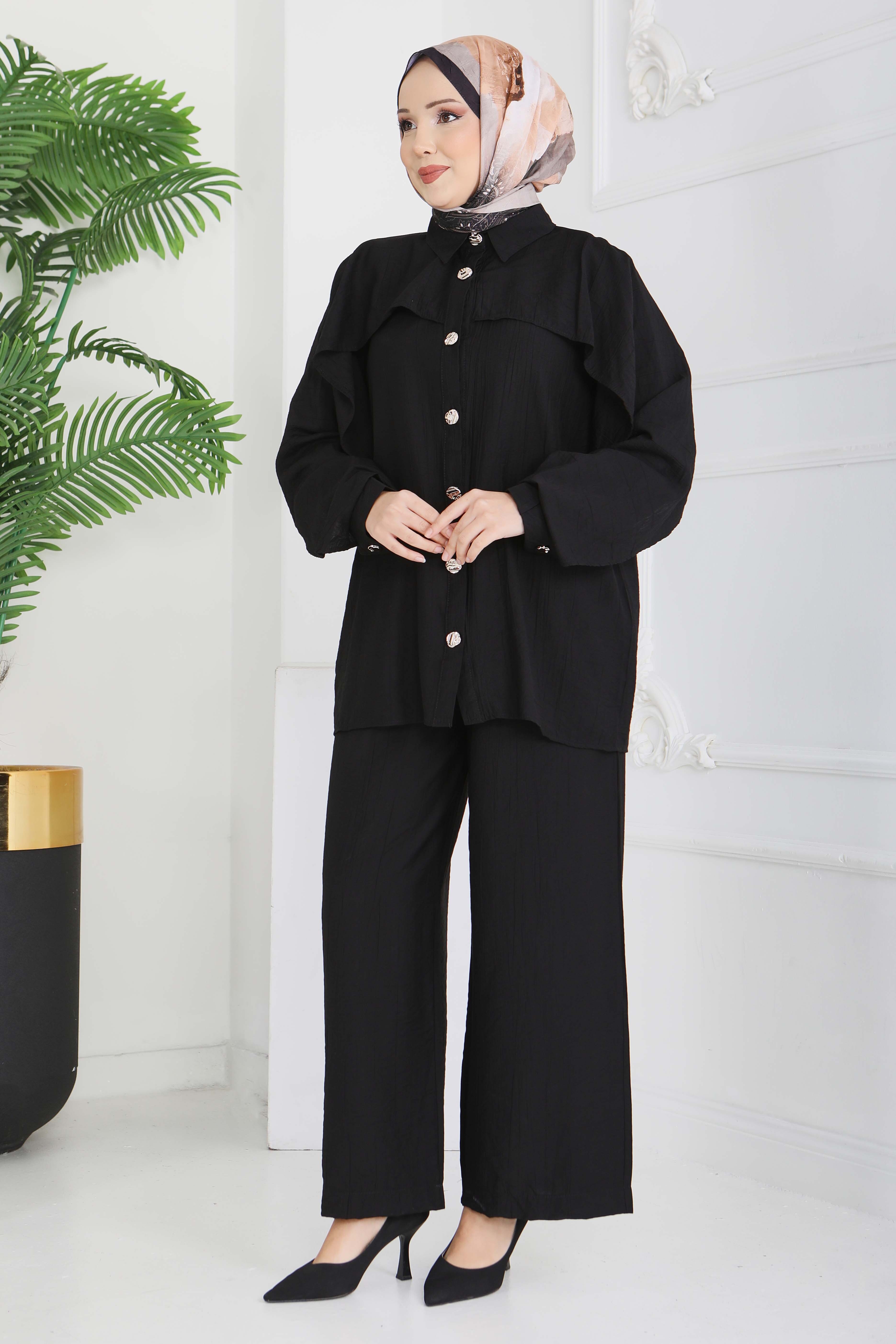 Düğmeli Pelerinli İkili Takım - 28216-SIYAH - 4