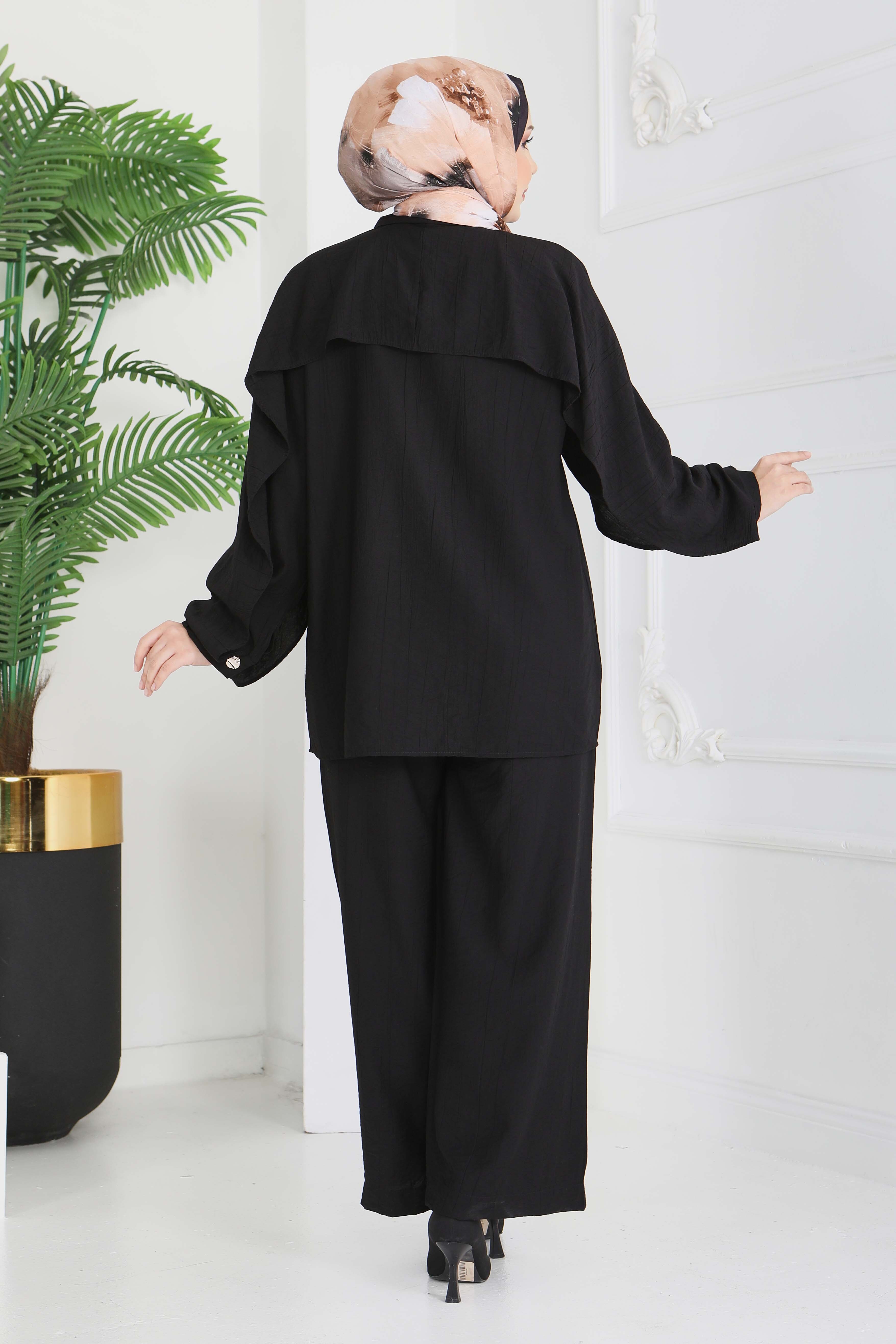 Düğmeli Pelerinli İkili Takım - 28216-SIYAH - 5