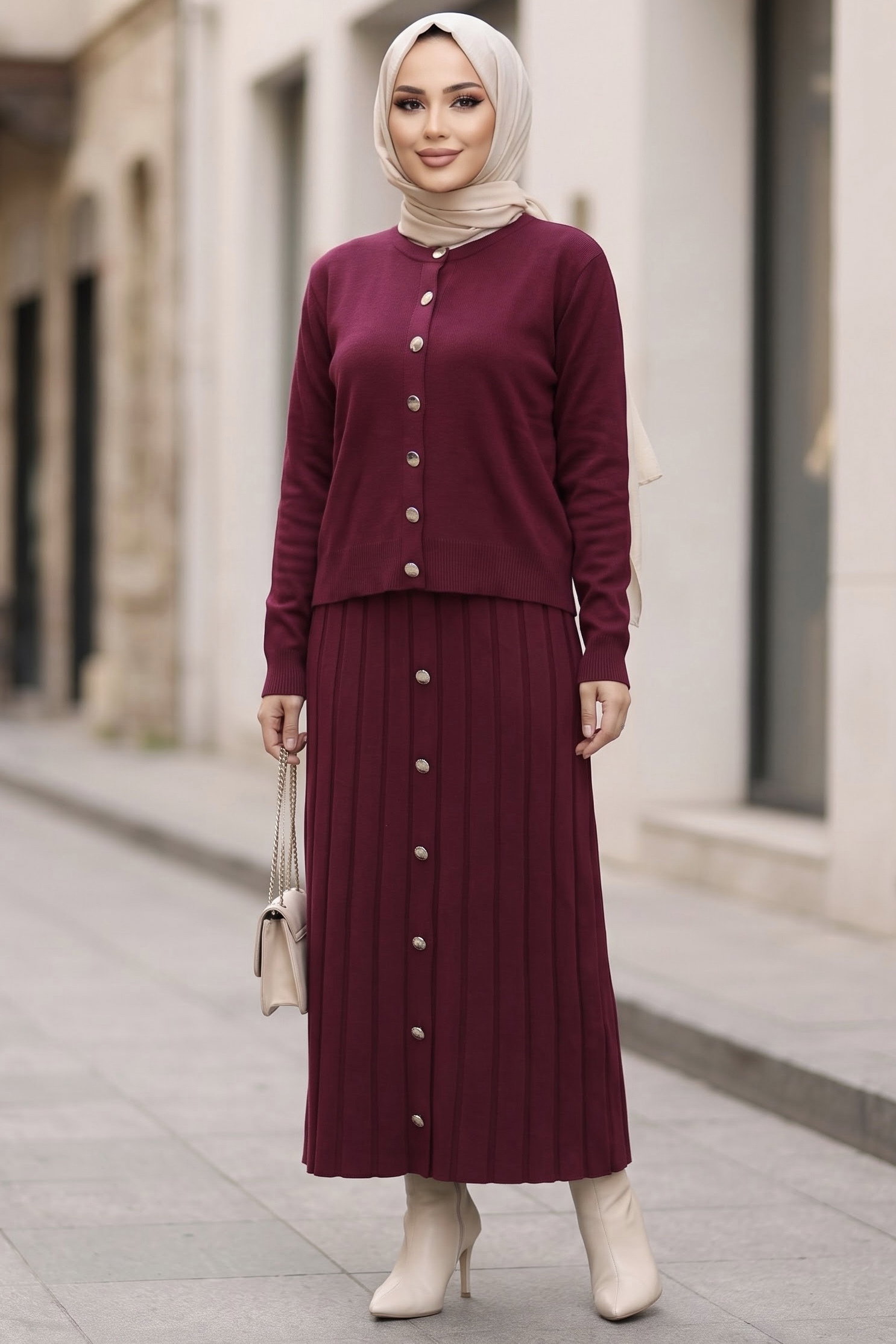 Düğmeli Pileli Triko Takım Bordo - 29287-BORDO - 1