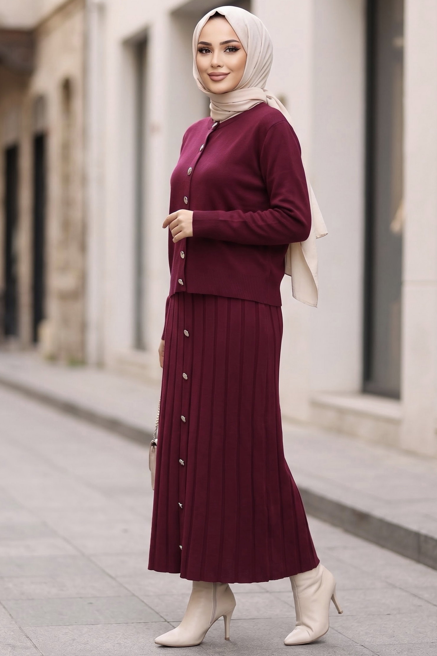 Düğmeli Pileli Triko Takım Bordo - 29287-BORDO - 2