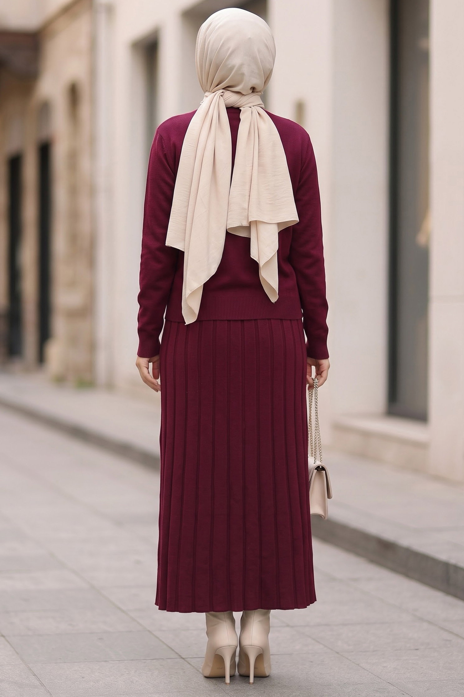 Düğmeli Pileli Triko Takım Bordo - 29287-BORDO - 3