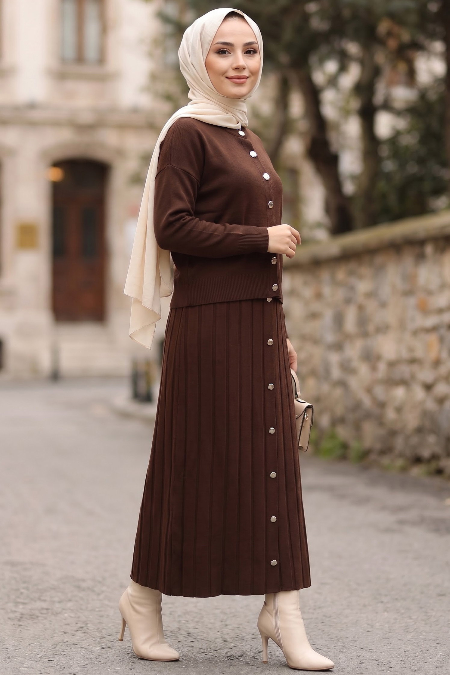 Düğmeli Pileli Triko Takım Kahve - 29287-KAHVE - 1