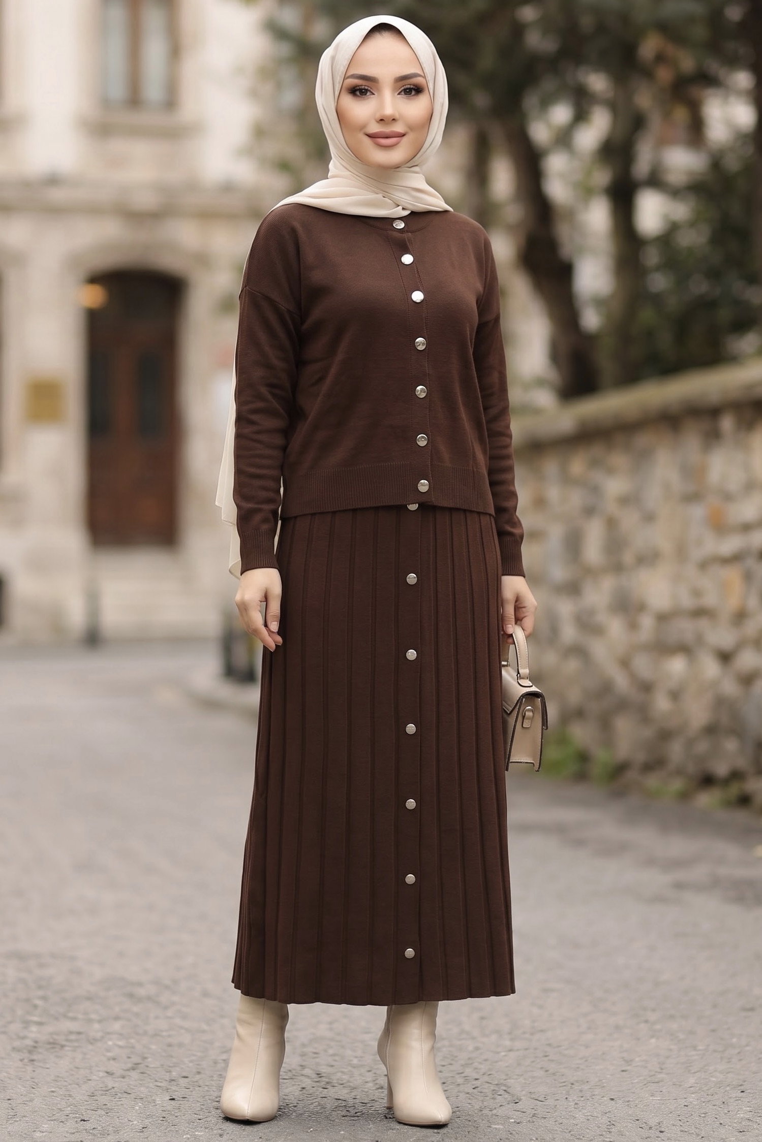Düğmeli Pileli Triko Takım Kahve - 29287-KAHVE - 2
