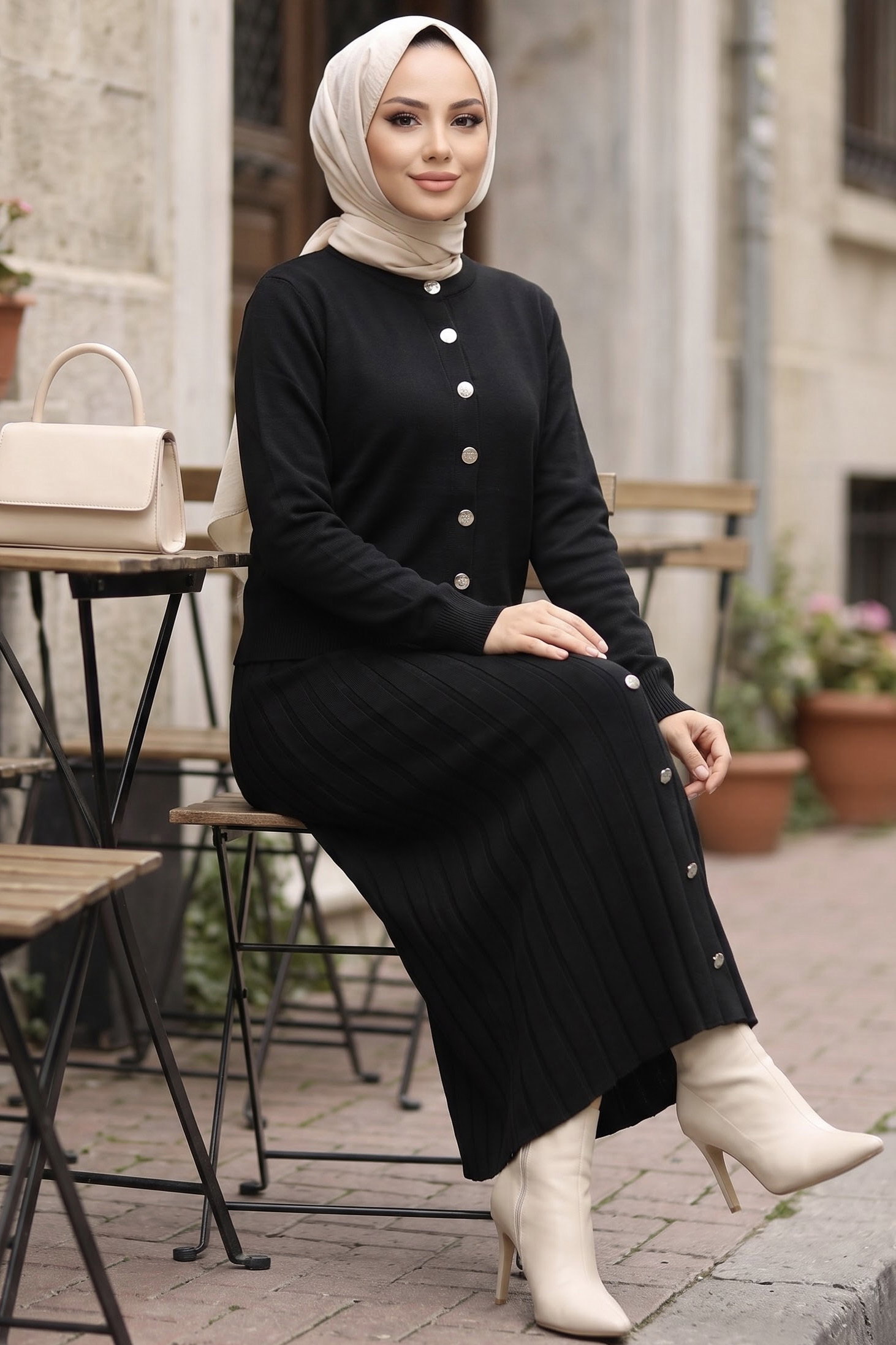 Düğmeli Pileli Triko Takım Siyah - 29287-SIYAH - 1
