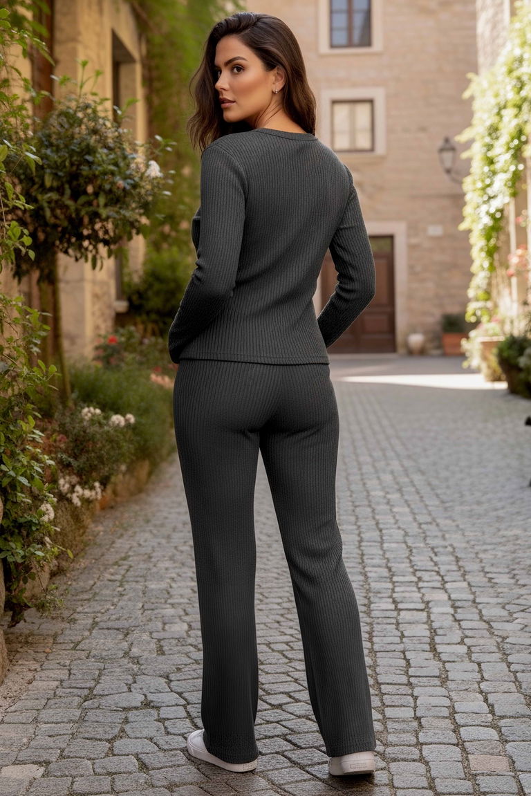 Düğmeli Ribana İkili Takım - 2054-ANTRASIT - TOFİSA