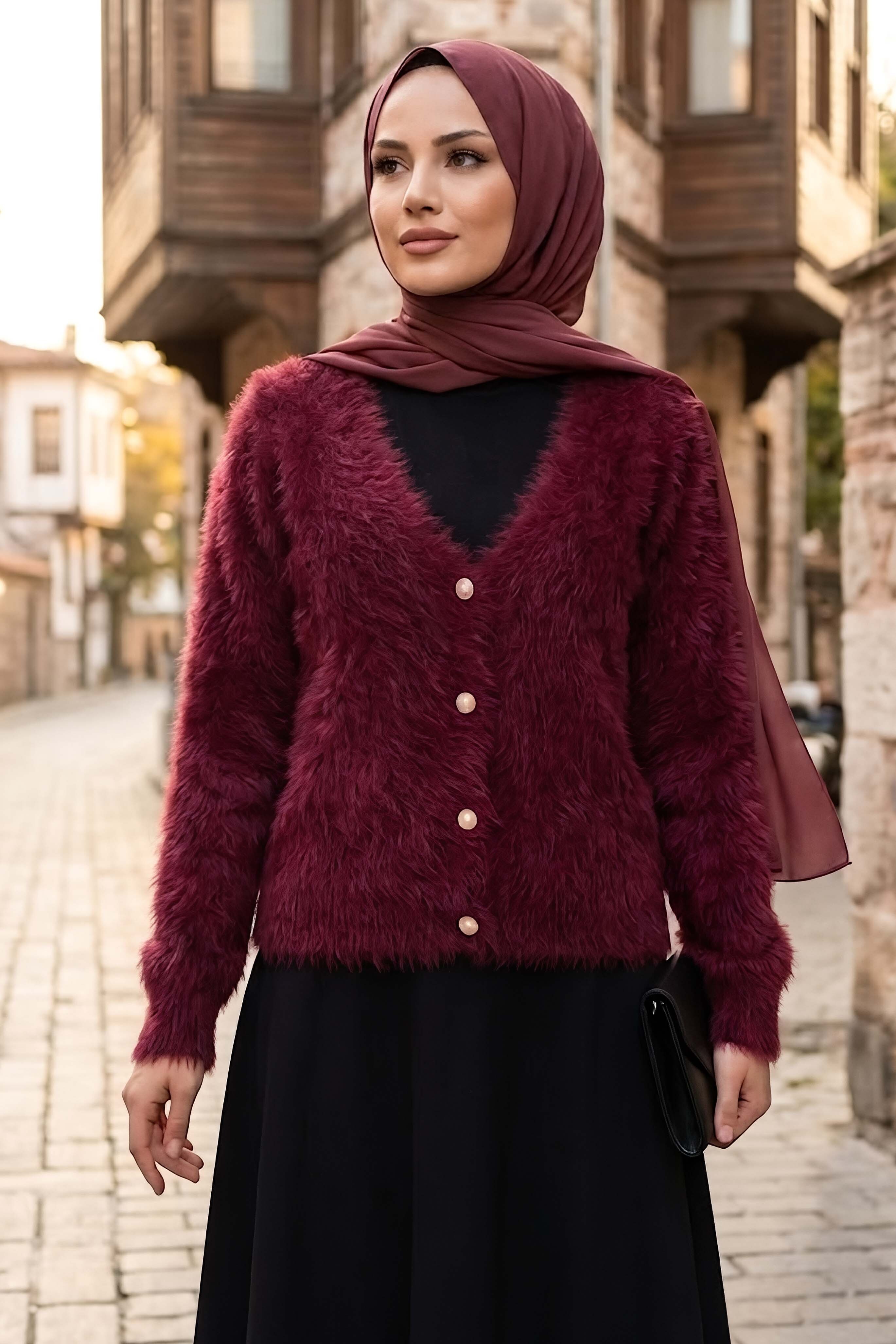 Düğmeli Sakalı Kısa Hırka Bordo - 28904-BORDO - 1