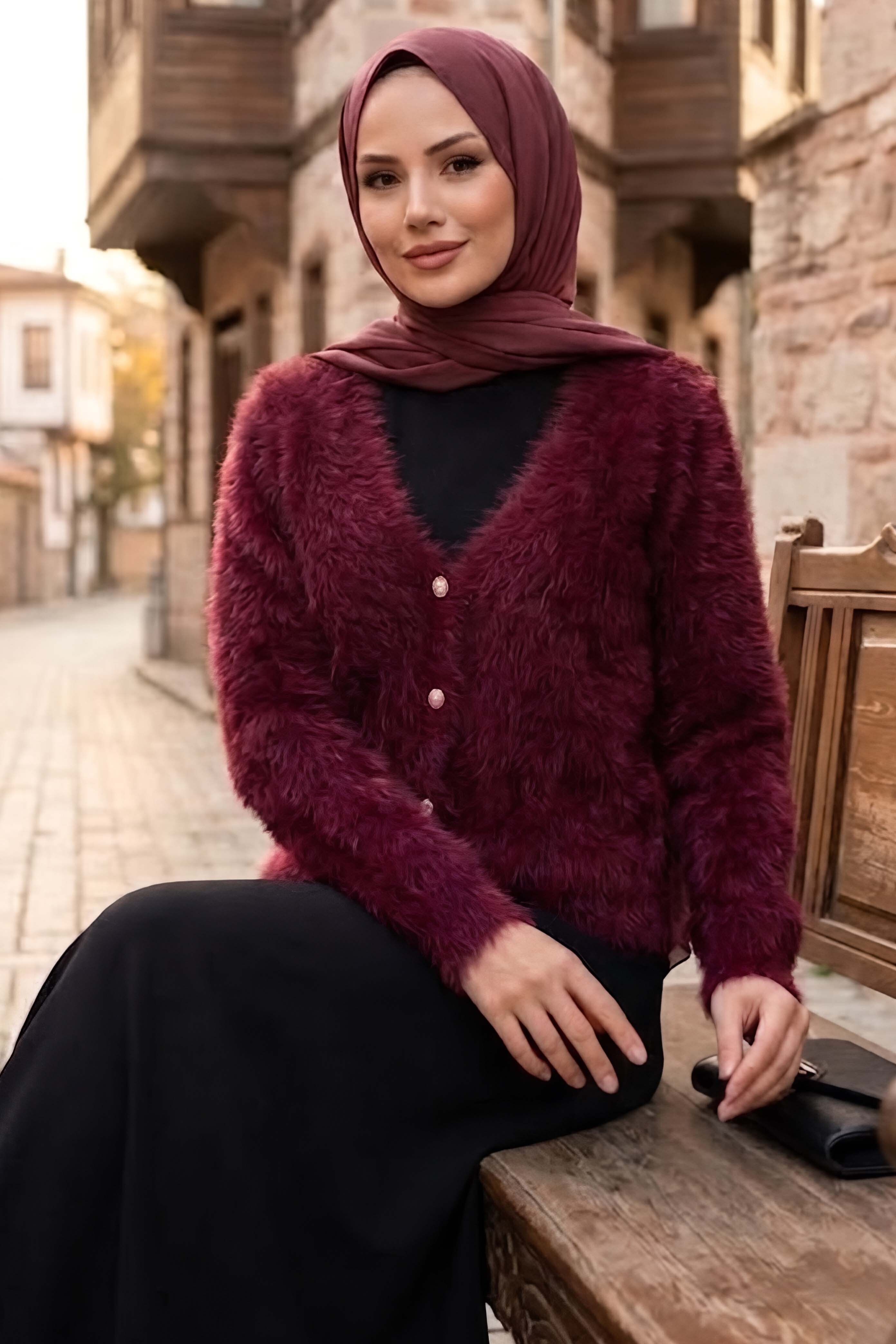 Düğmeli Sakalı Kısa Hırka Bordo - 28904-BORDO - 2