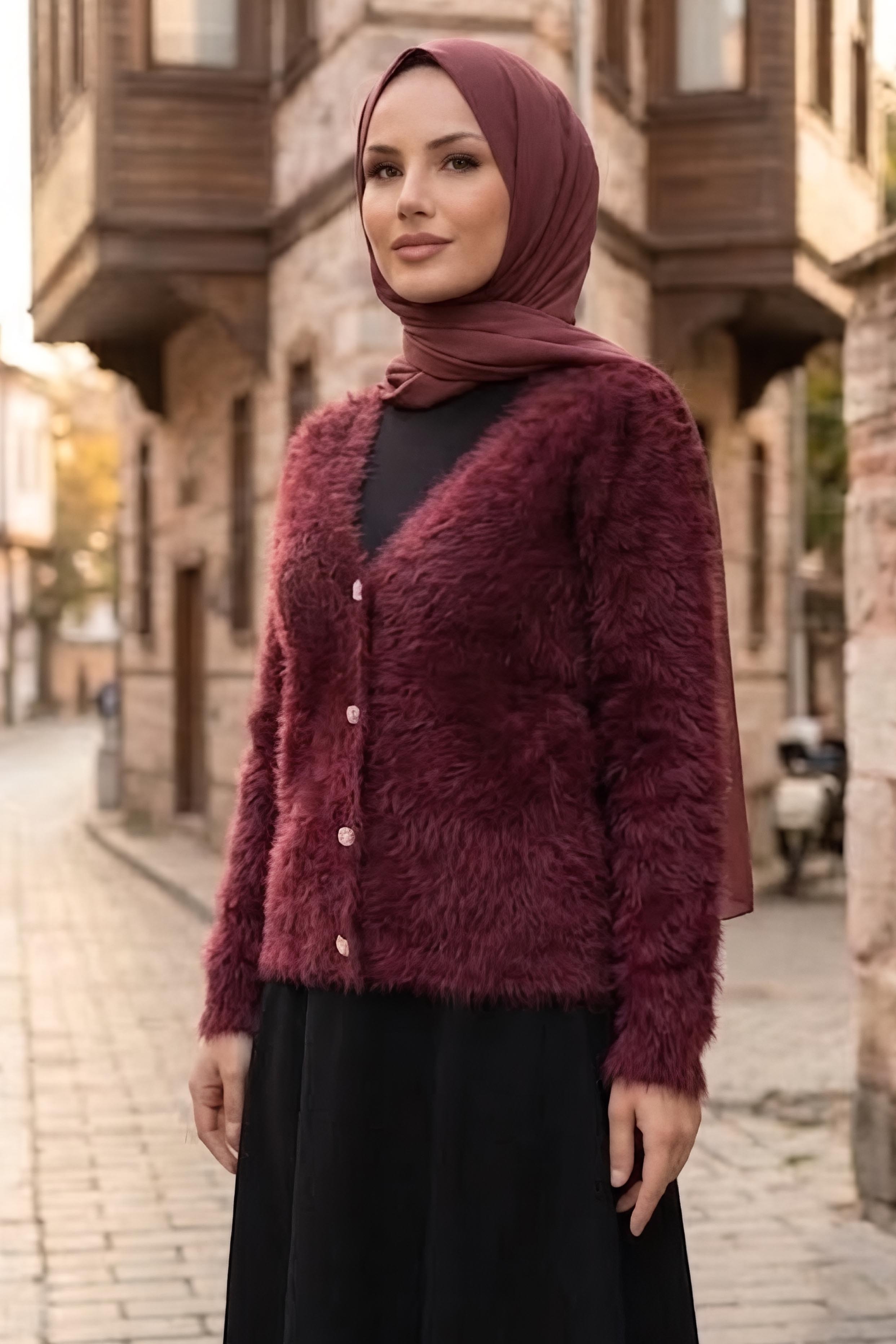 Düğmeli Sakalı Kısa Hırka Bordo - 28904-BORDO - 3