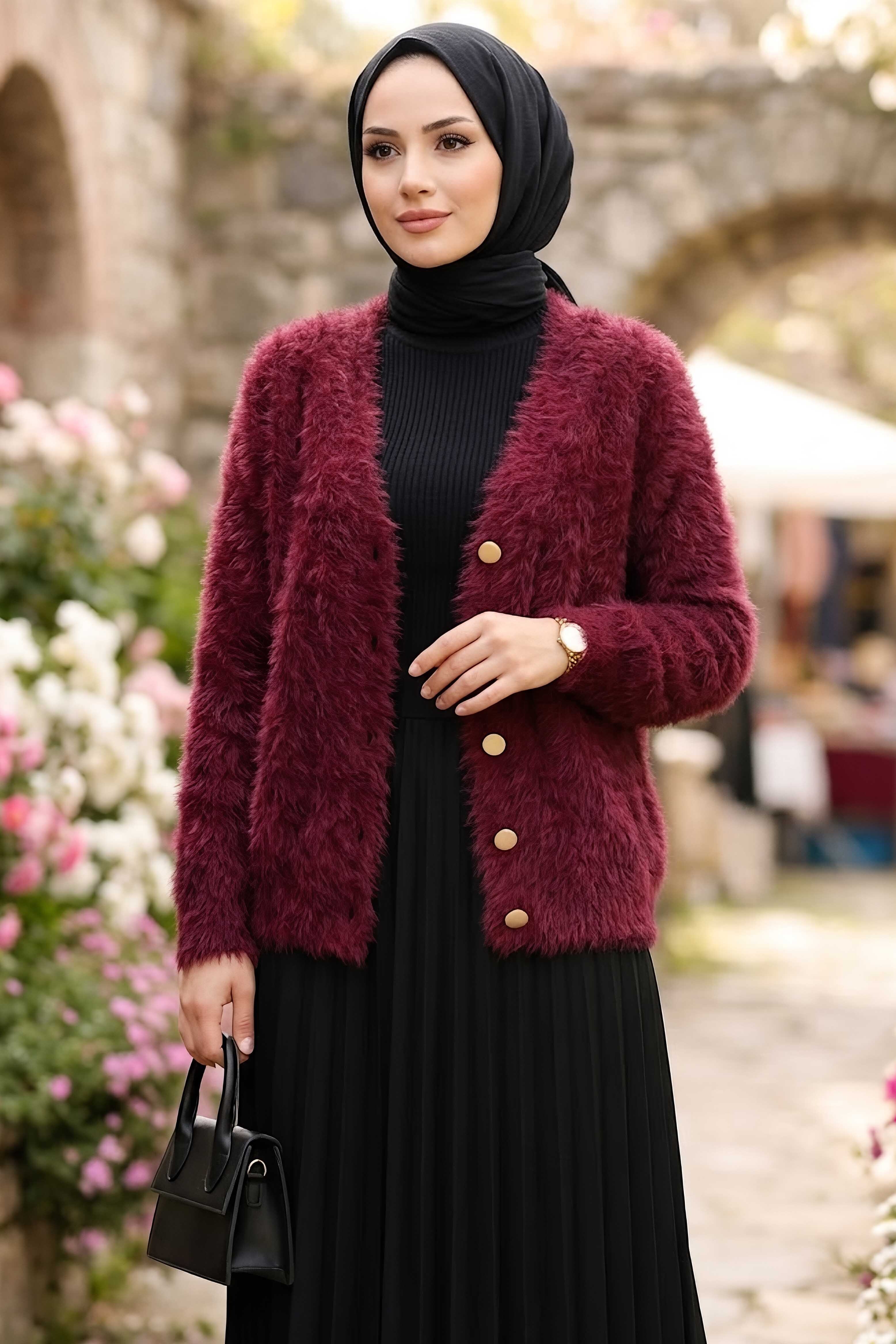 Düğmeli Sakalı Kısa Hırka Bordo - 28906-BORDO - 1