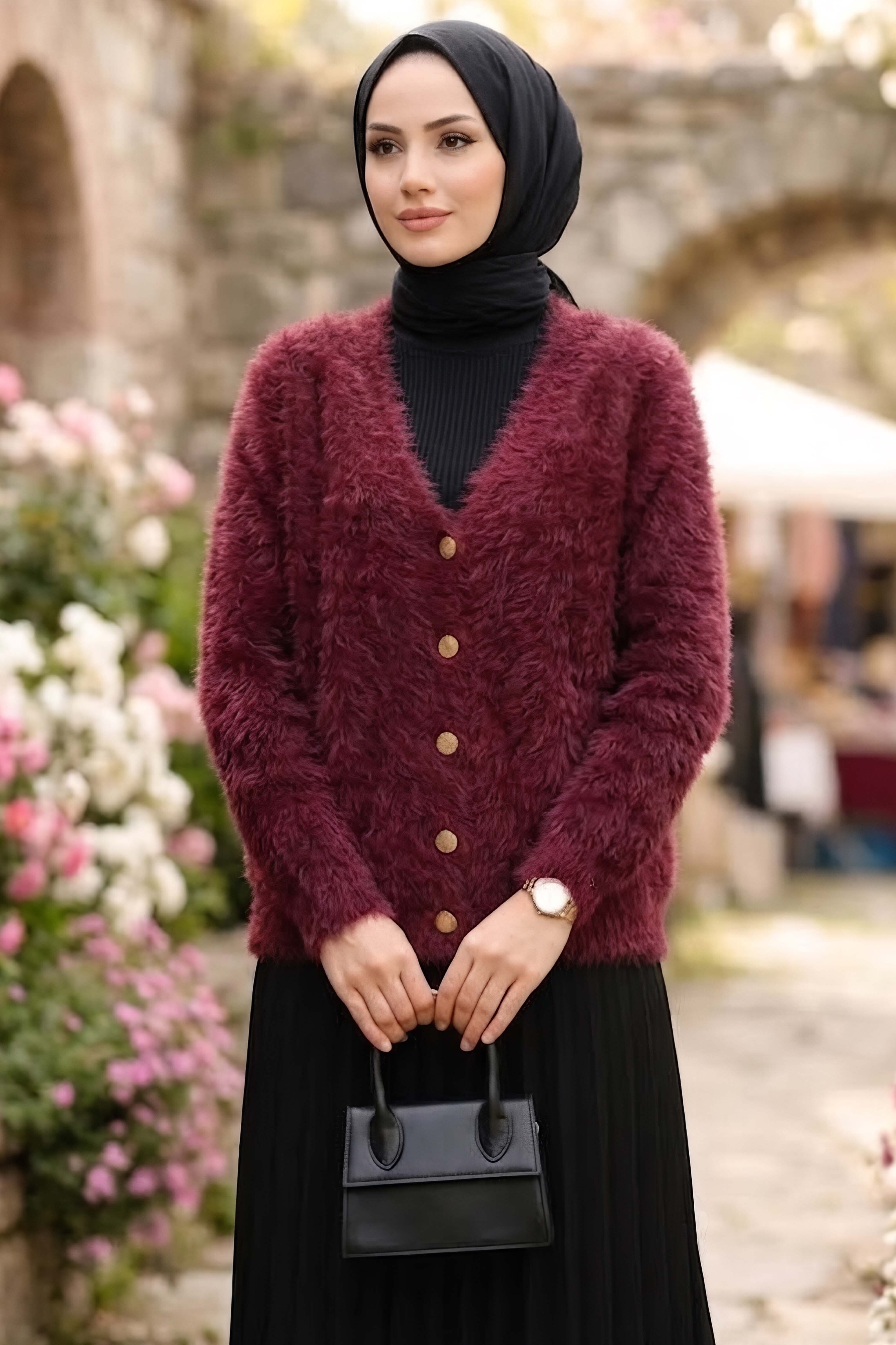 Düğmeli Sakalı Kısa Hırka Bordo - 28906-BORDO - 2