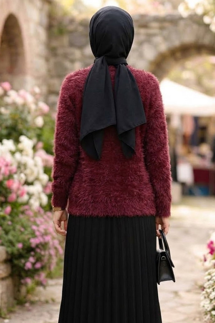 Düğmeli Sakalı Kısa Hırka Bordo - 28906-BORDO - 3