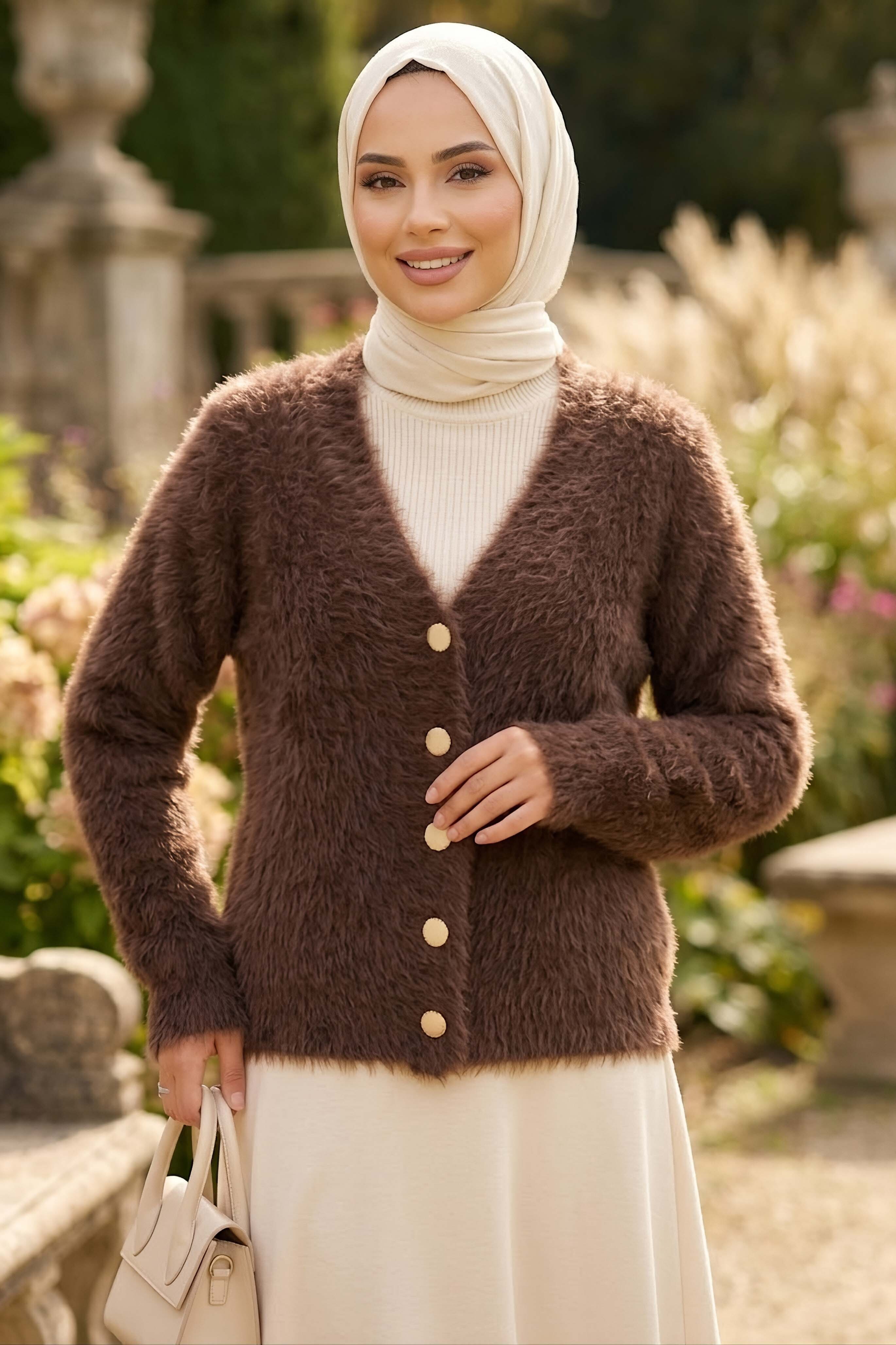 Düğmeli Sakalı Kısa Hırka Kahve - 28906-KAHVE - 1