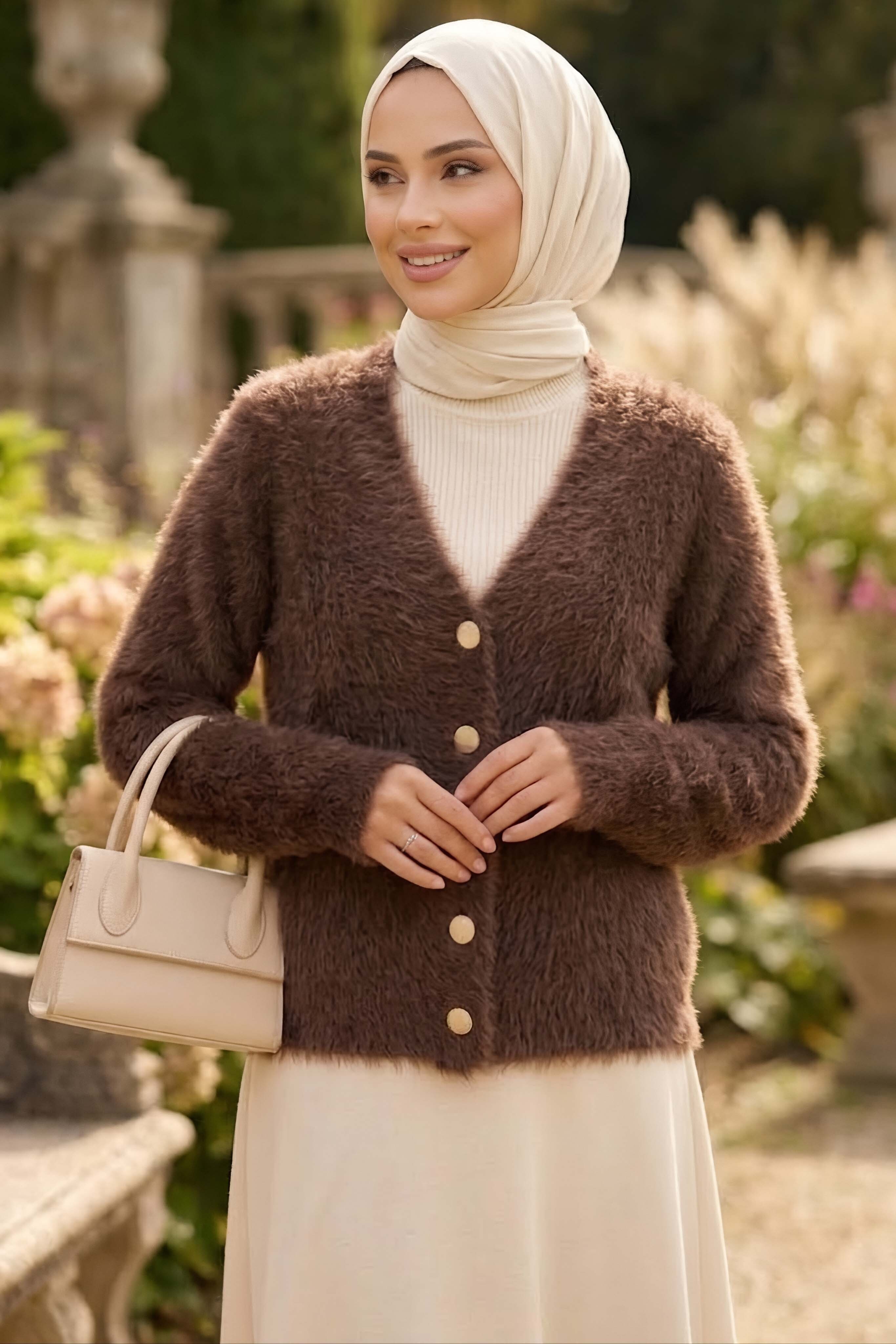 Düğmeli Sakalı Kısa Hırka Kahve - 28906-KAHVE - 2