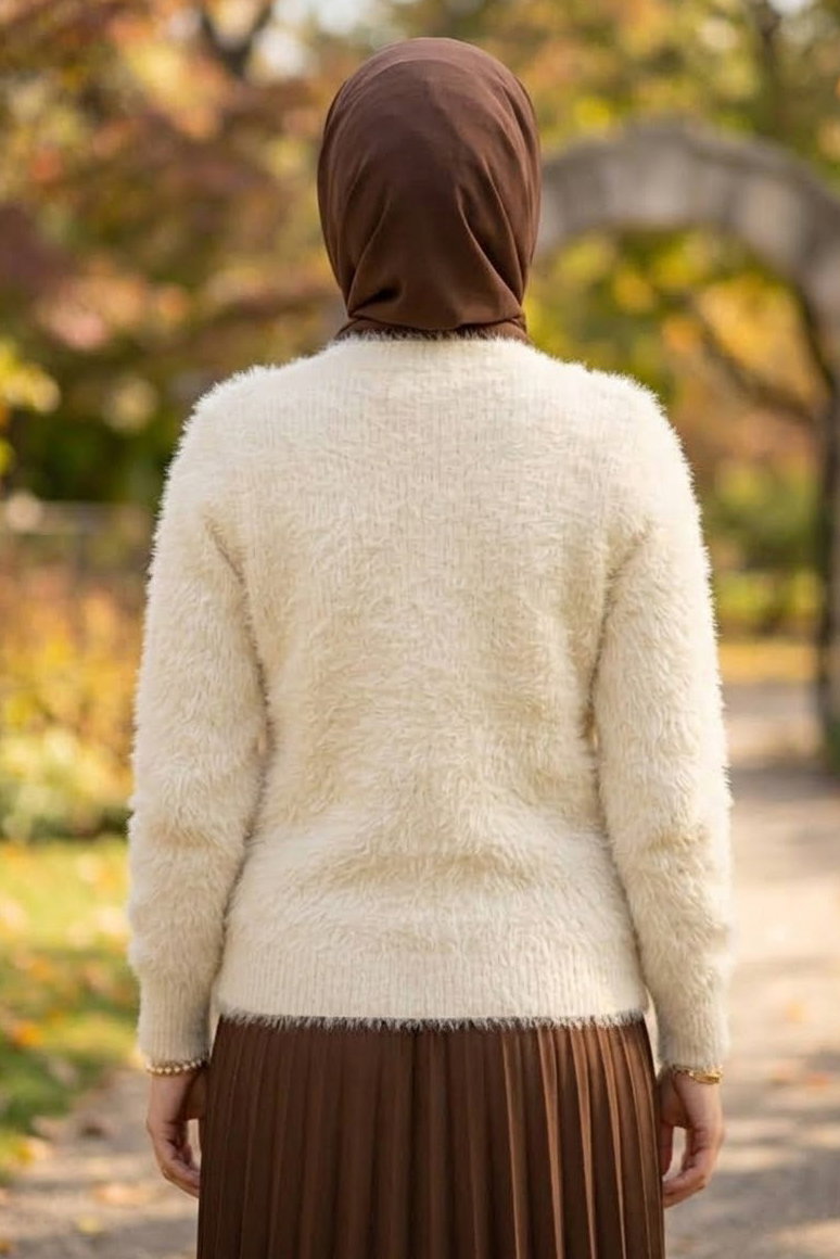 Düğmeli Sakalı Kısa Hırka Krem - 28904-KREM - 3