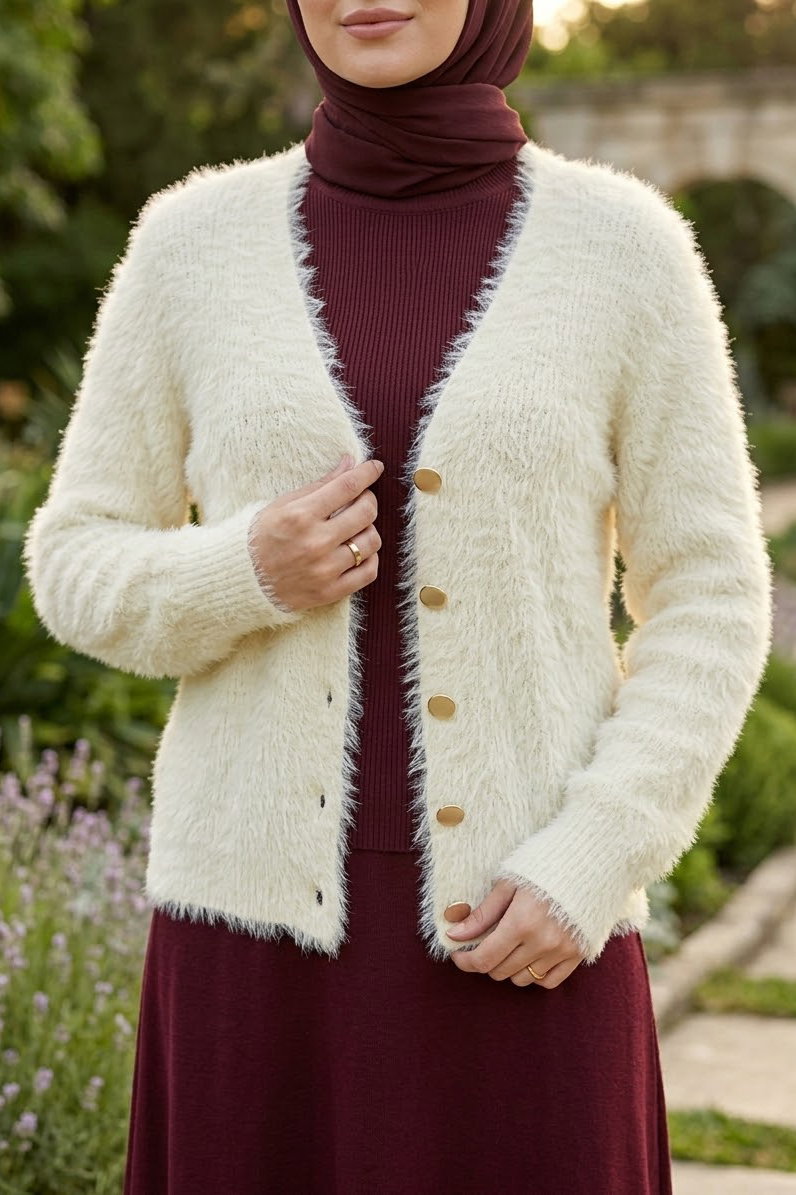 Düğmeli Sakalı Kısa Hırka Krem - 28906-KREM - 2
