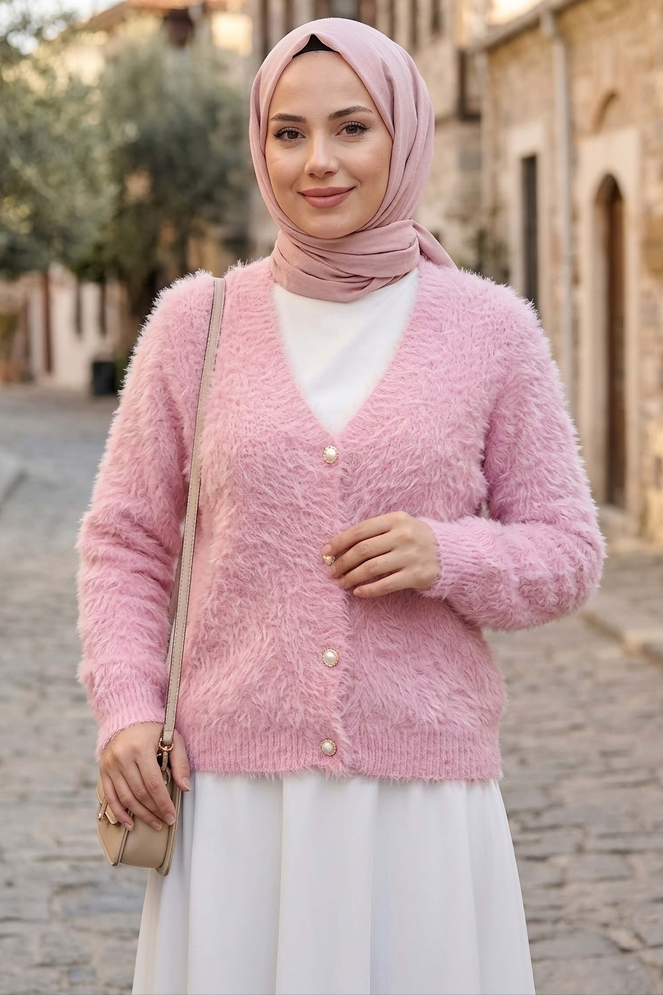 Düğmeli Sakalı Kısa Hırka Pembe - 28904-PEMBE - 1