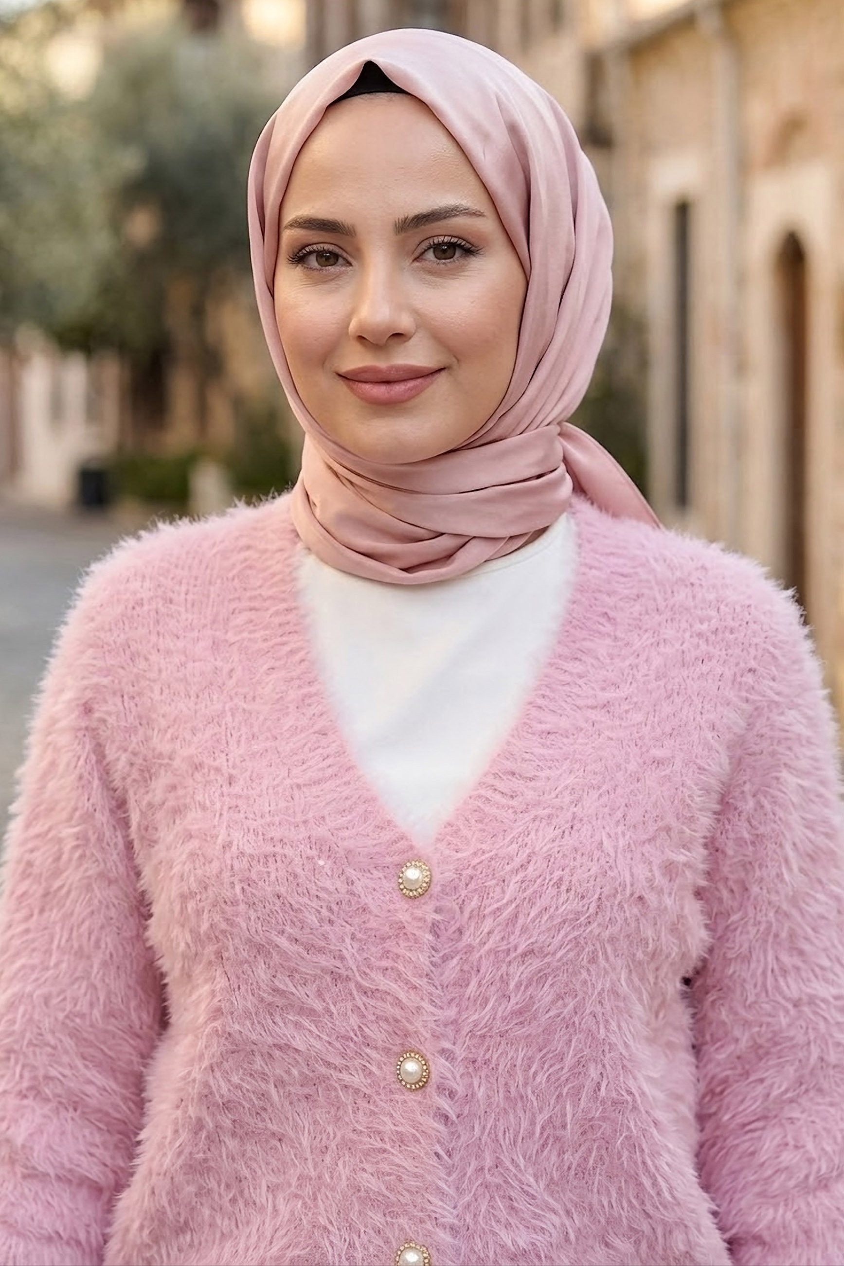 Düğmeli Sakalı Kısa Hırka Pembe - 28904-PEMBE - 2