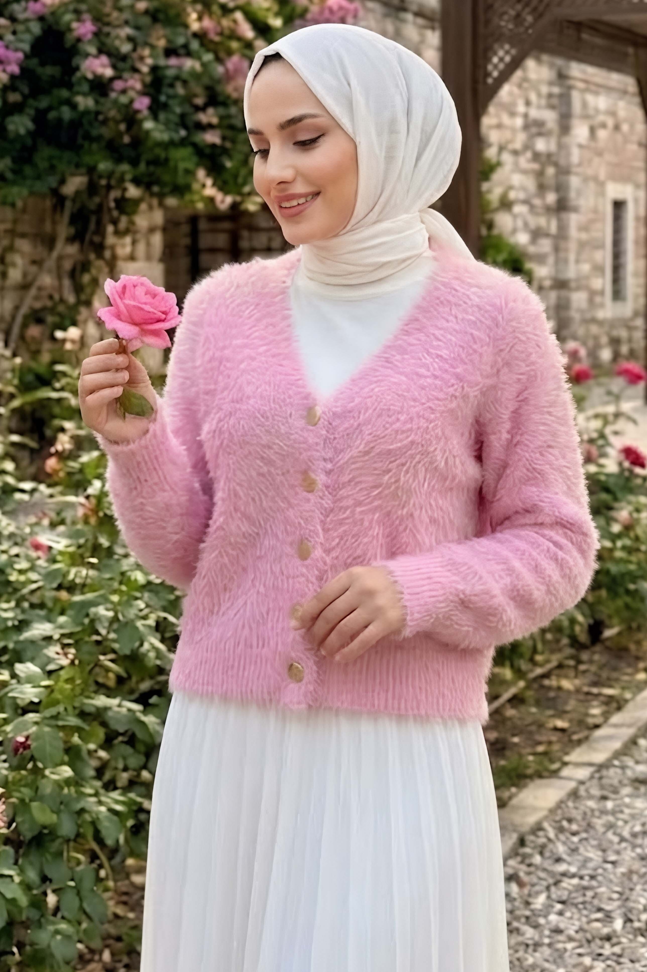 Düğmeli Sakalı Kısa Hırka Pembe - 28906-PEMBE - 1