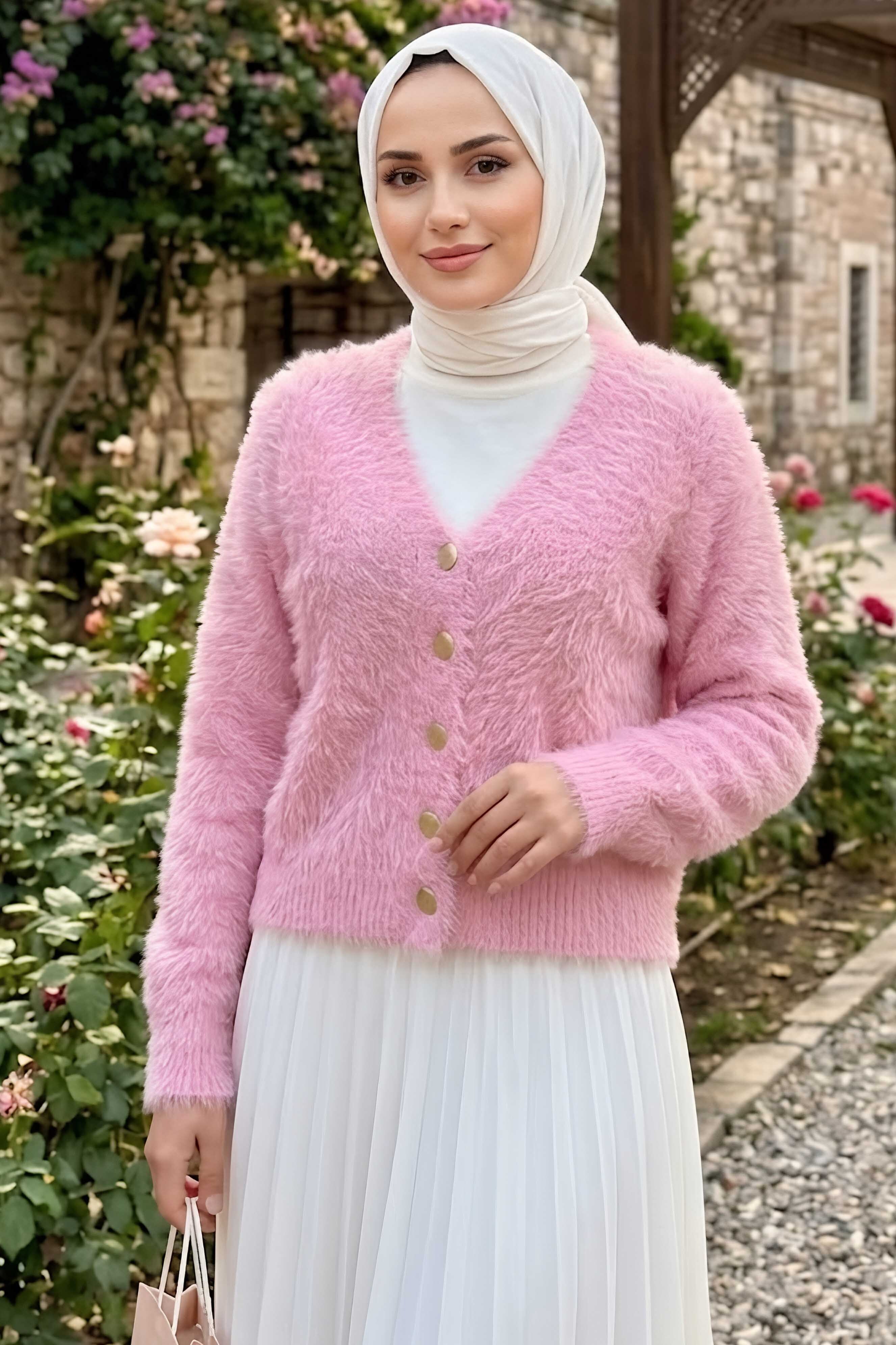 Düğmeli Sakalı Kısa Hırka Pembe - 28906-PEMBE - 2