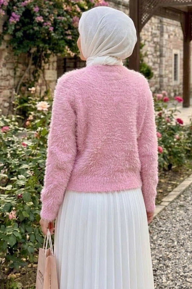 Düğmeli Sakalı Kısa Hırka Pembe - 28906-PEMBE - 3