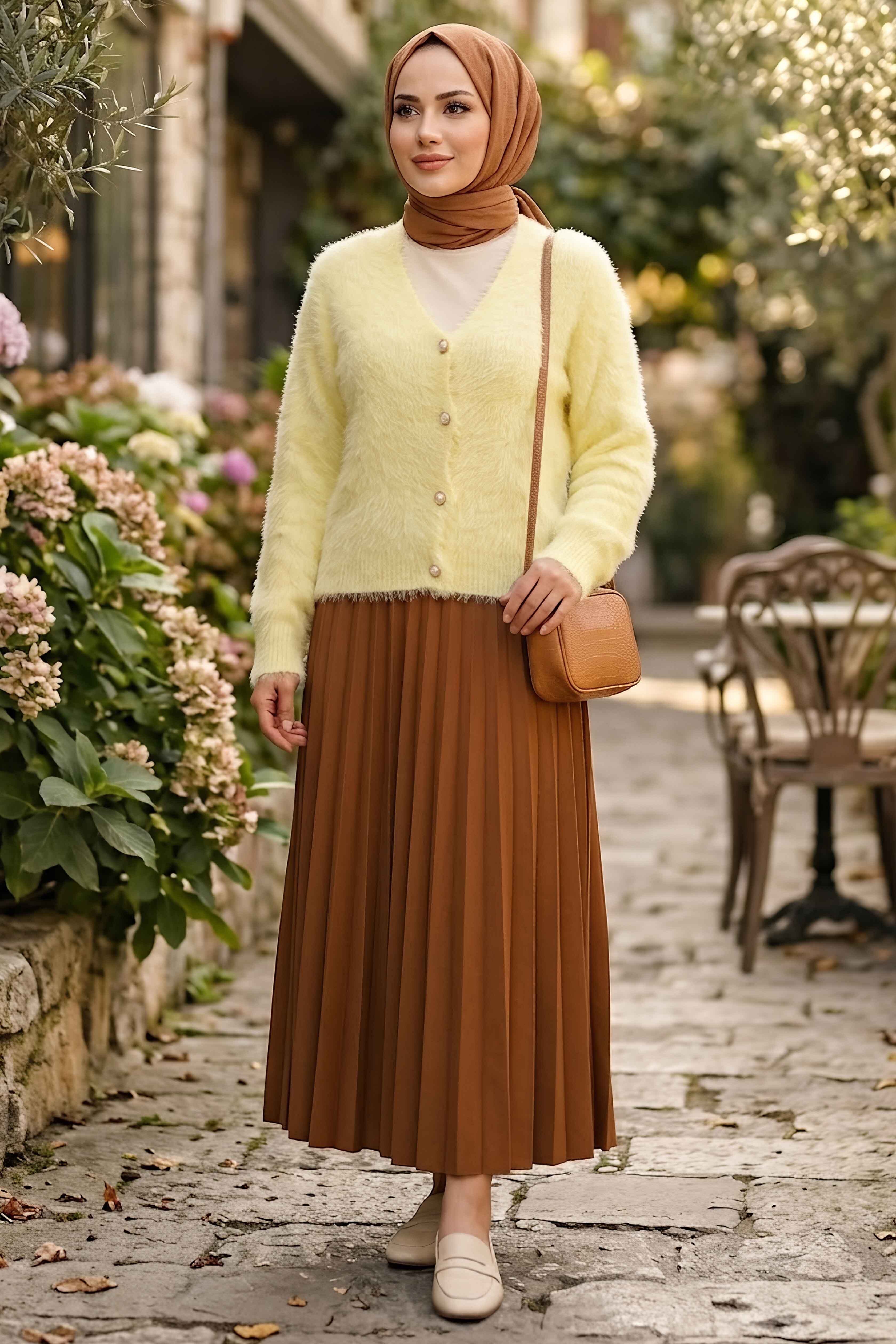 Düğmeli Sakalı Kısa Hırka Sari - 28904-SARI - 2