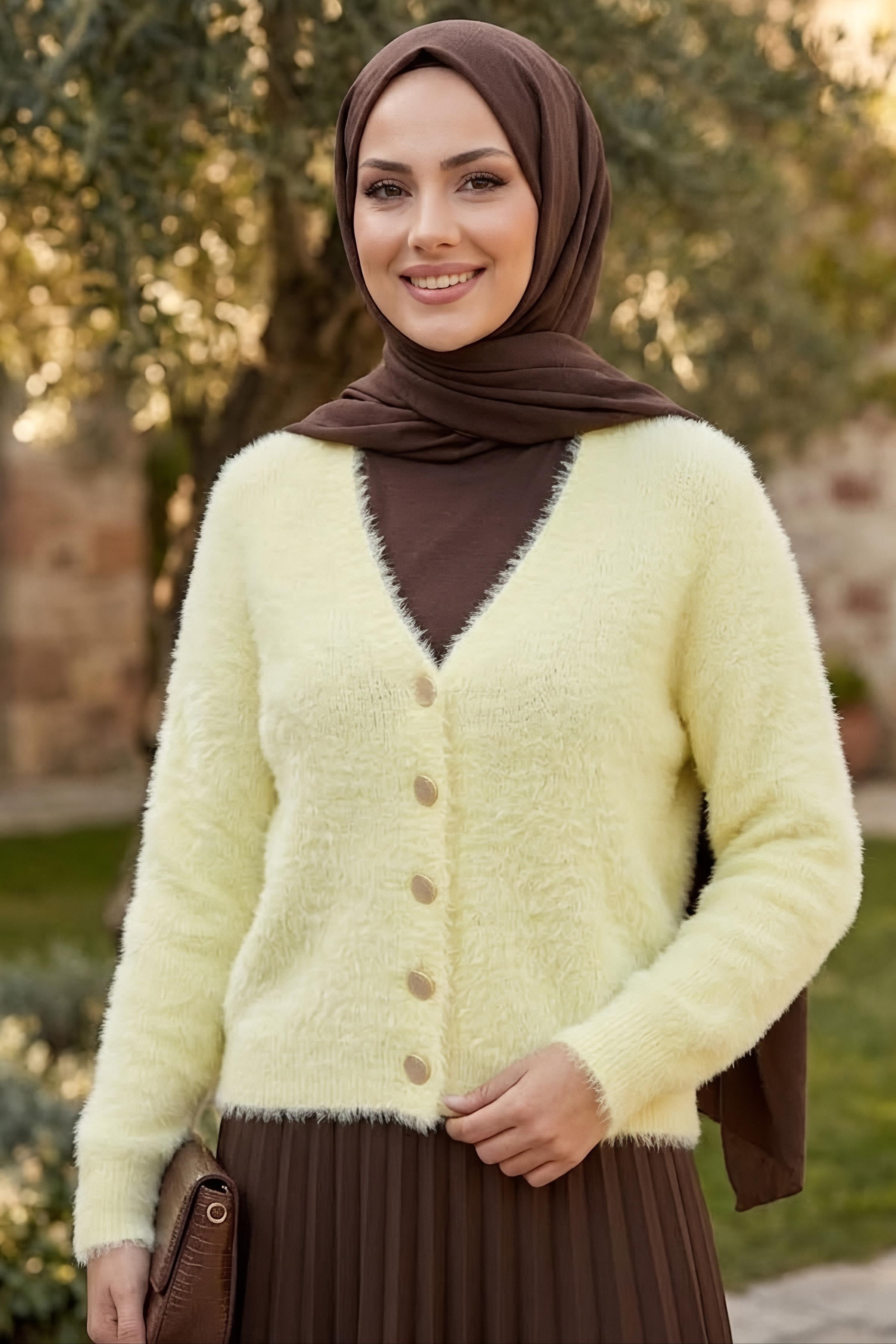 Düğmeli Sakalı Kısa Hırka Sari - 28906-SARI - 2