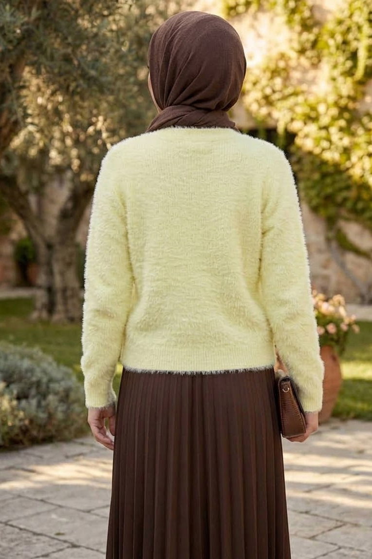 Düğmeli Sakalı Kısa Hırka Sari - 28906-SARI - 3