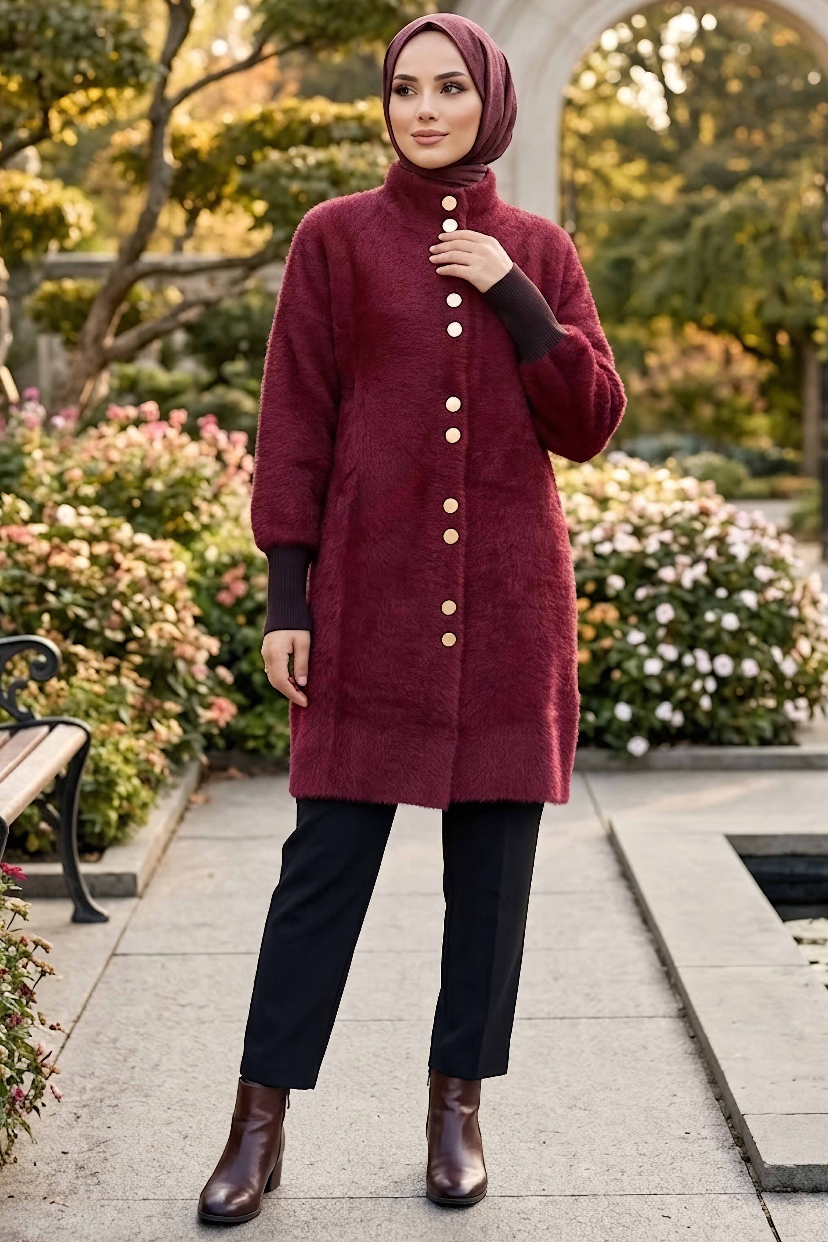 Düğmeli Sakalı Uzun Hırka Bordo - 9020-BORDO - 1
