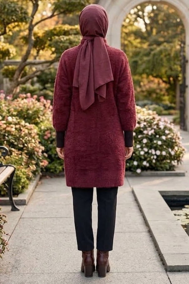 Düğmeli Sakalı Uzun Hırka Bordo - 9020-BORDO - 3