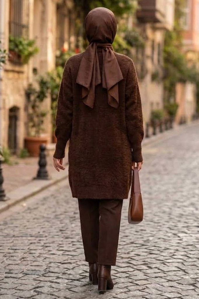 Düğmeli Sakalı Uzun Hırka Kahve - 9020-KAHVE - 2