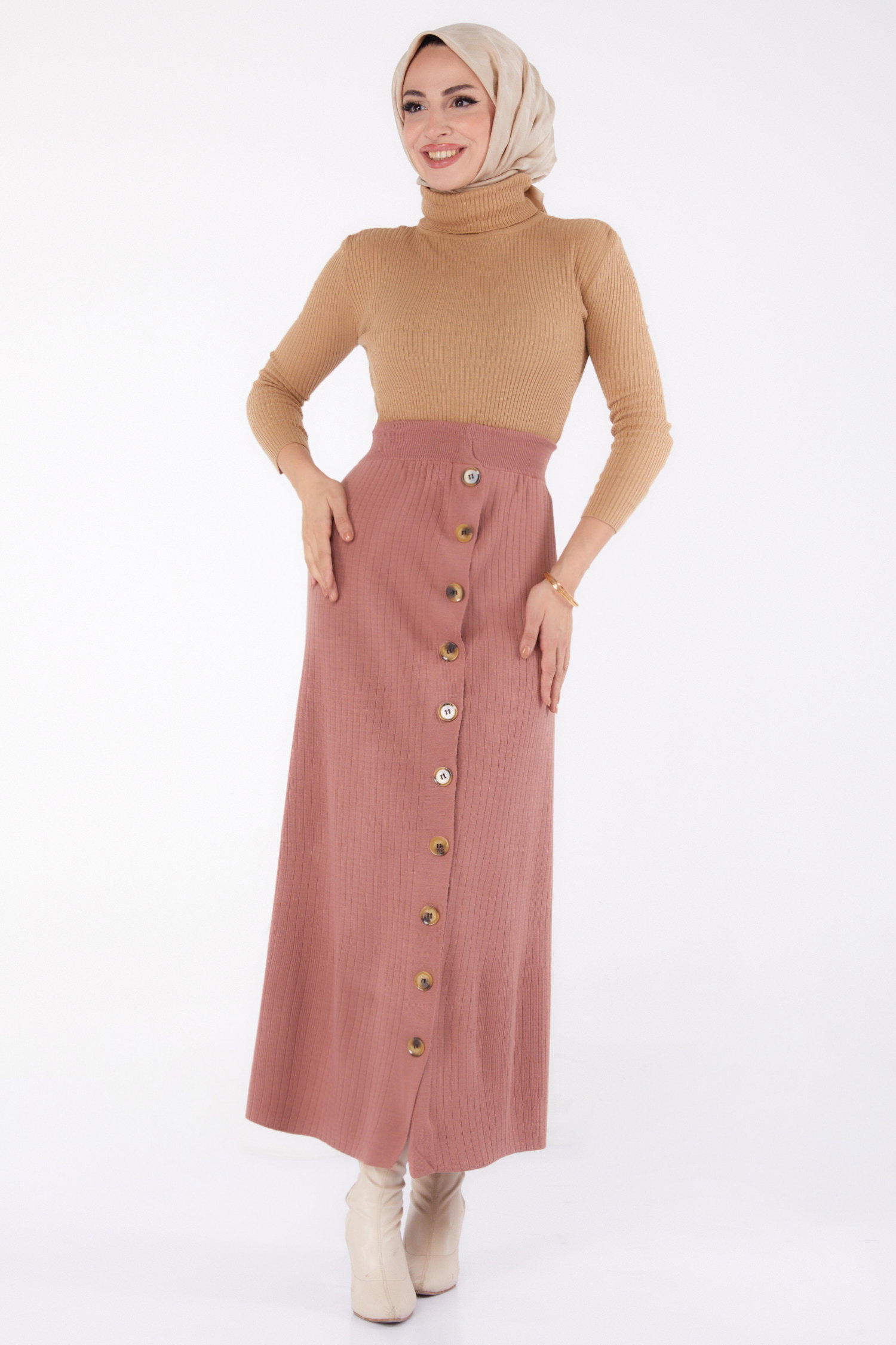 Düğmeli Triko Etek - 27668 - 1