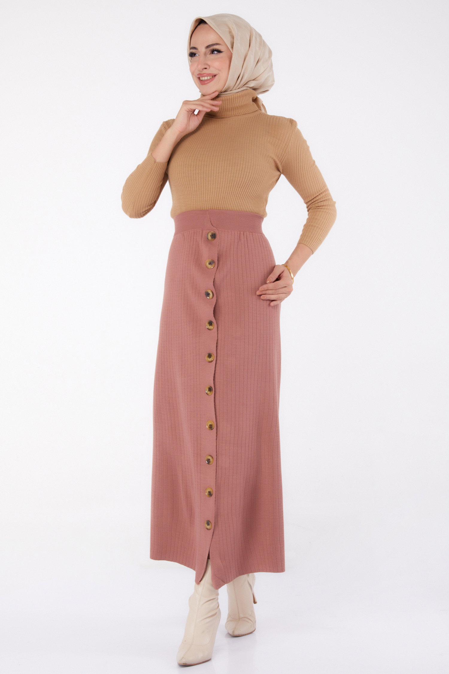 Düğmeli Triko Etek - 27668 - 2