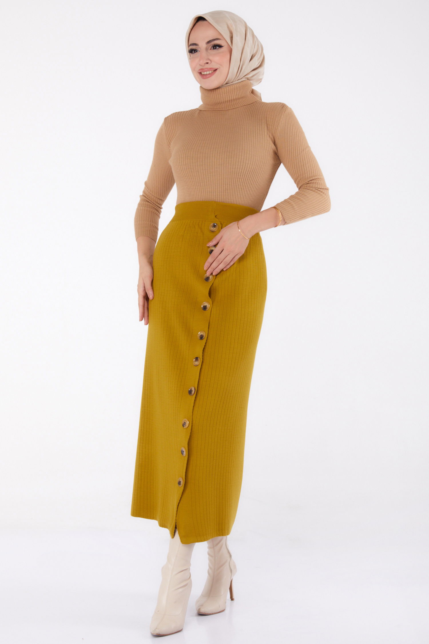 Düğmeli Triko Etek - 27668 - 1