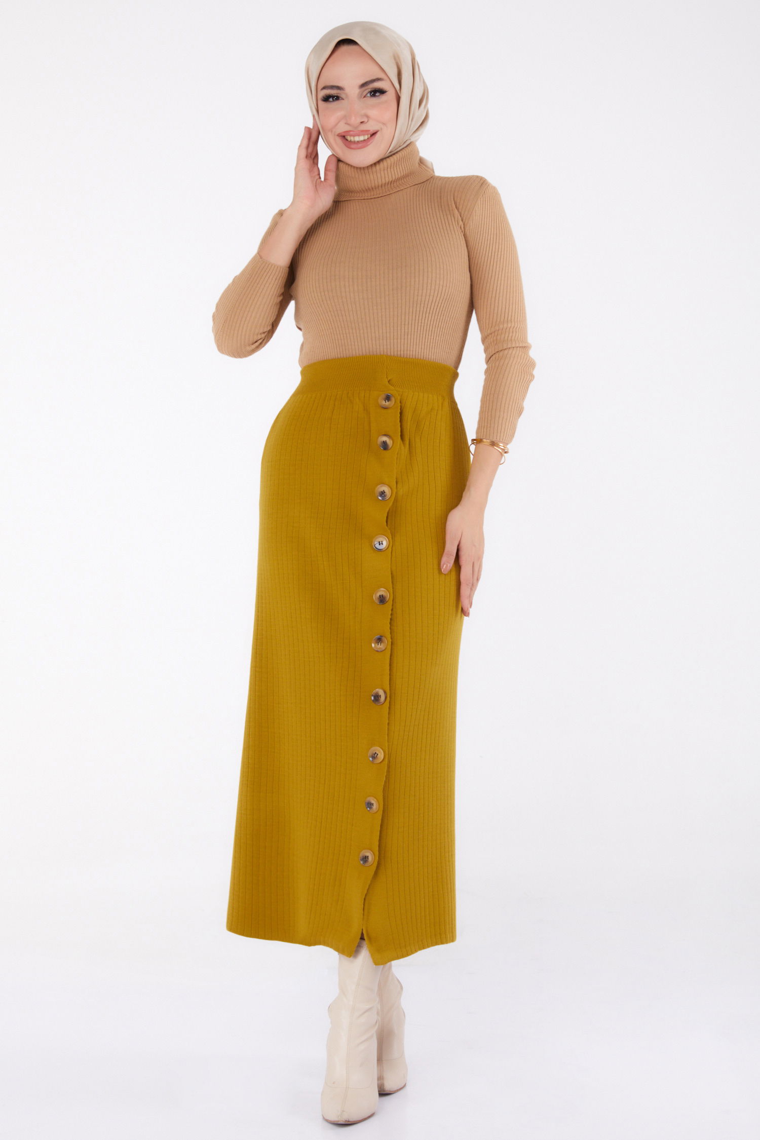 Düğmeli Triko Etek - 27668 - 2
