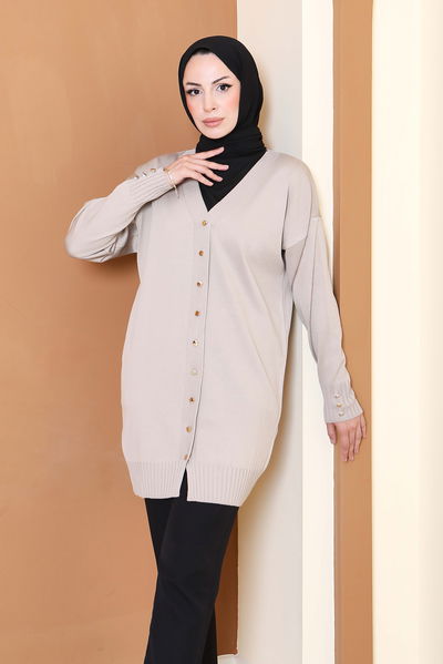 Düğmeli Triko Hırka - 27798-BEJ 