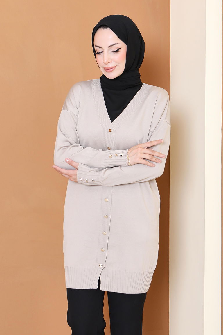 Düğmeli Triko Hırka - 27798-BEJ - TOFİSA