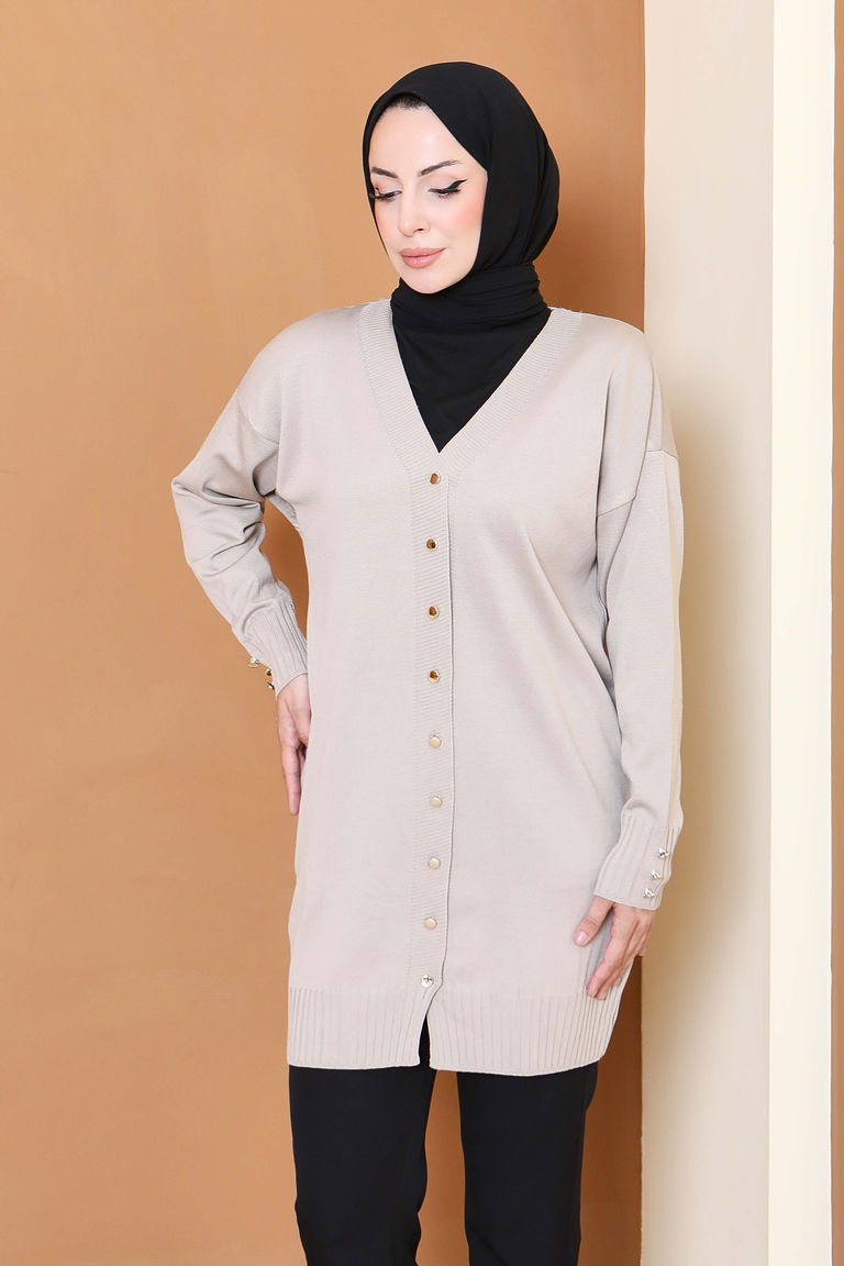 Düğmeli Triko Hırka - 27798-BEJ - TOFİSA