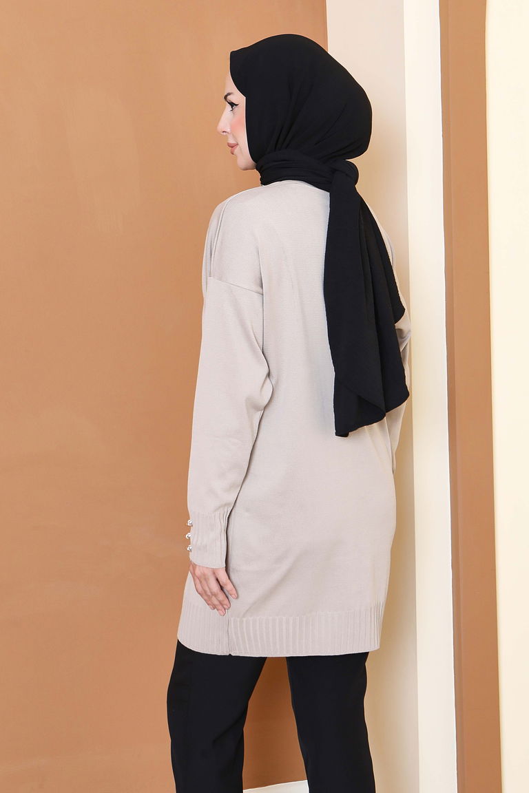 Düğmeli Triko Hırka - 27798-BEJ - TOFİSA