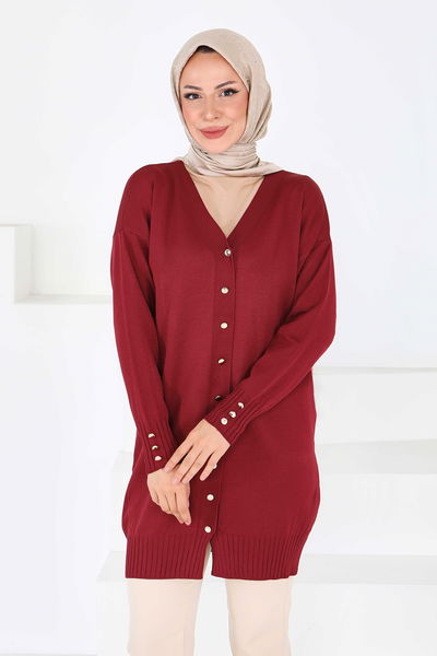 Düğmeli Triko Hırka - 27798-BORDO 