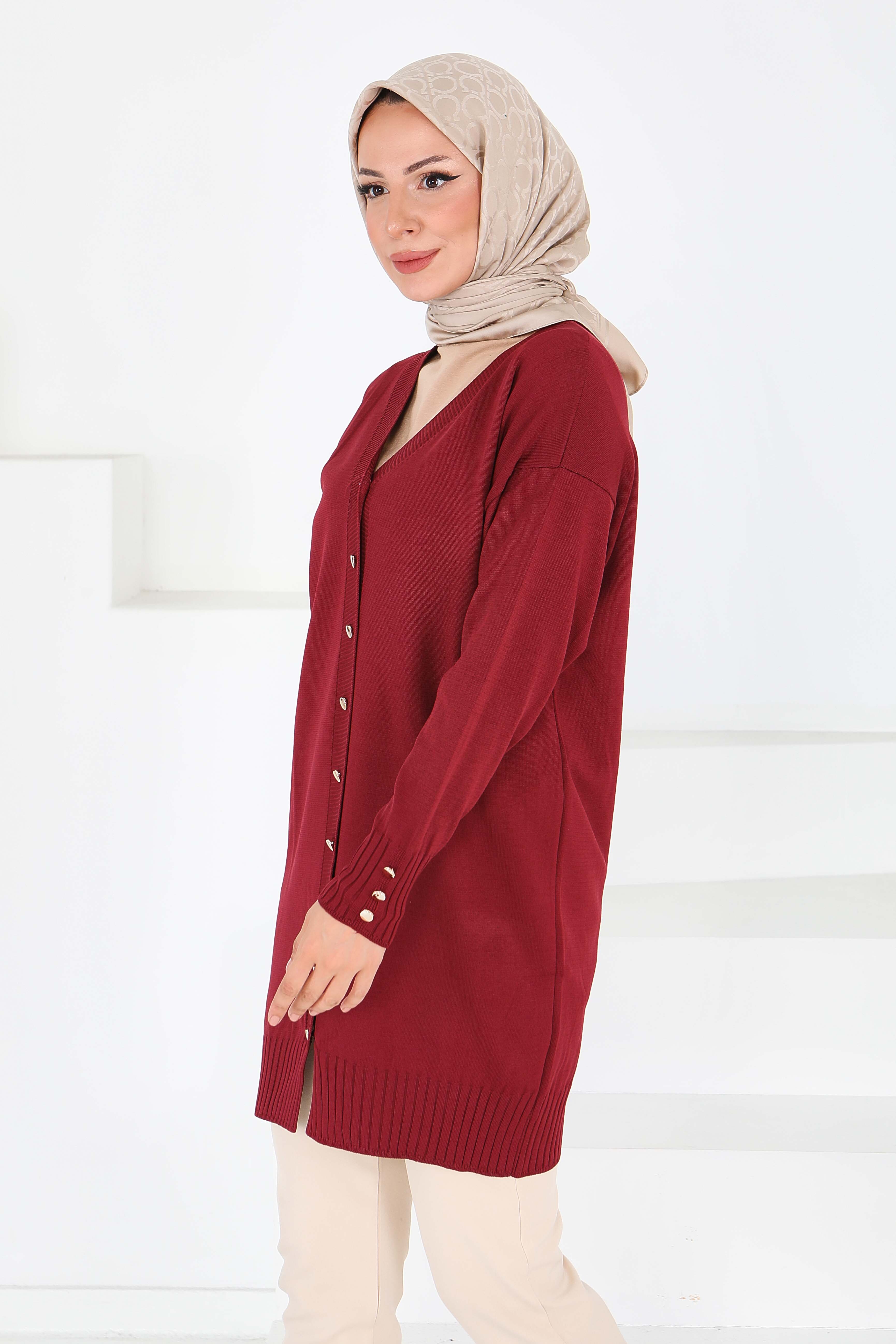 Düğmeli Triko Hırka - 27798-BORDO - 2