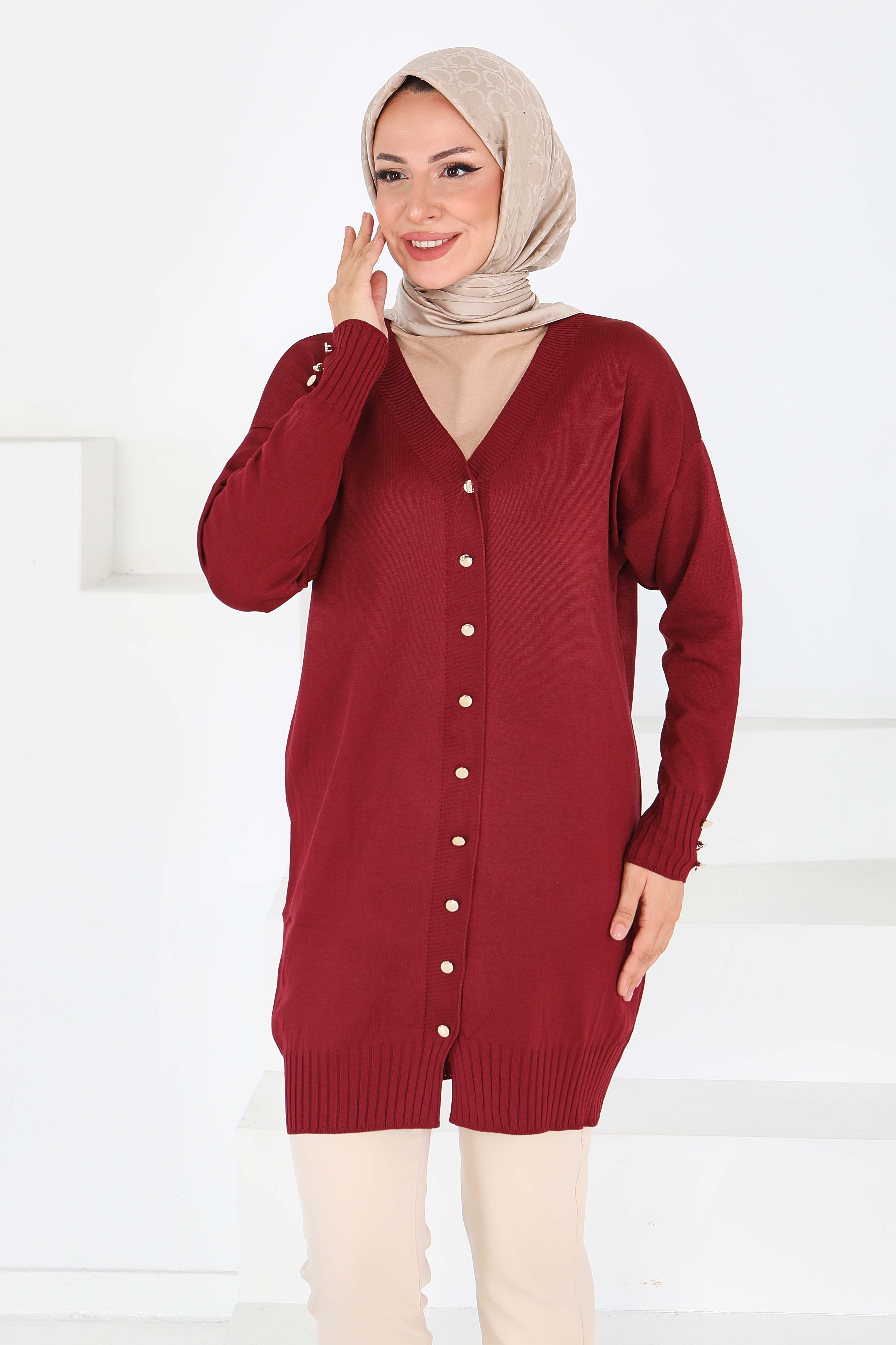 Düğmeli Triko Hırka - 27798-BORDO - 3