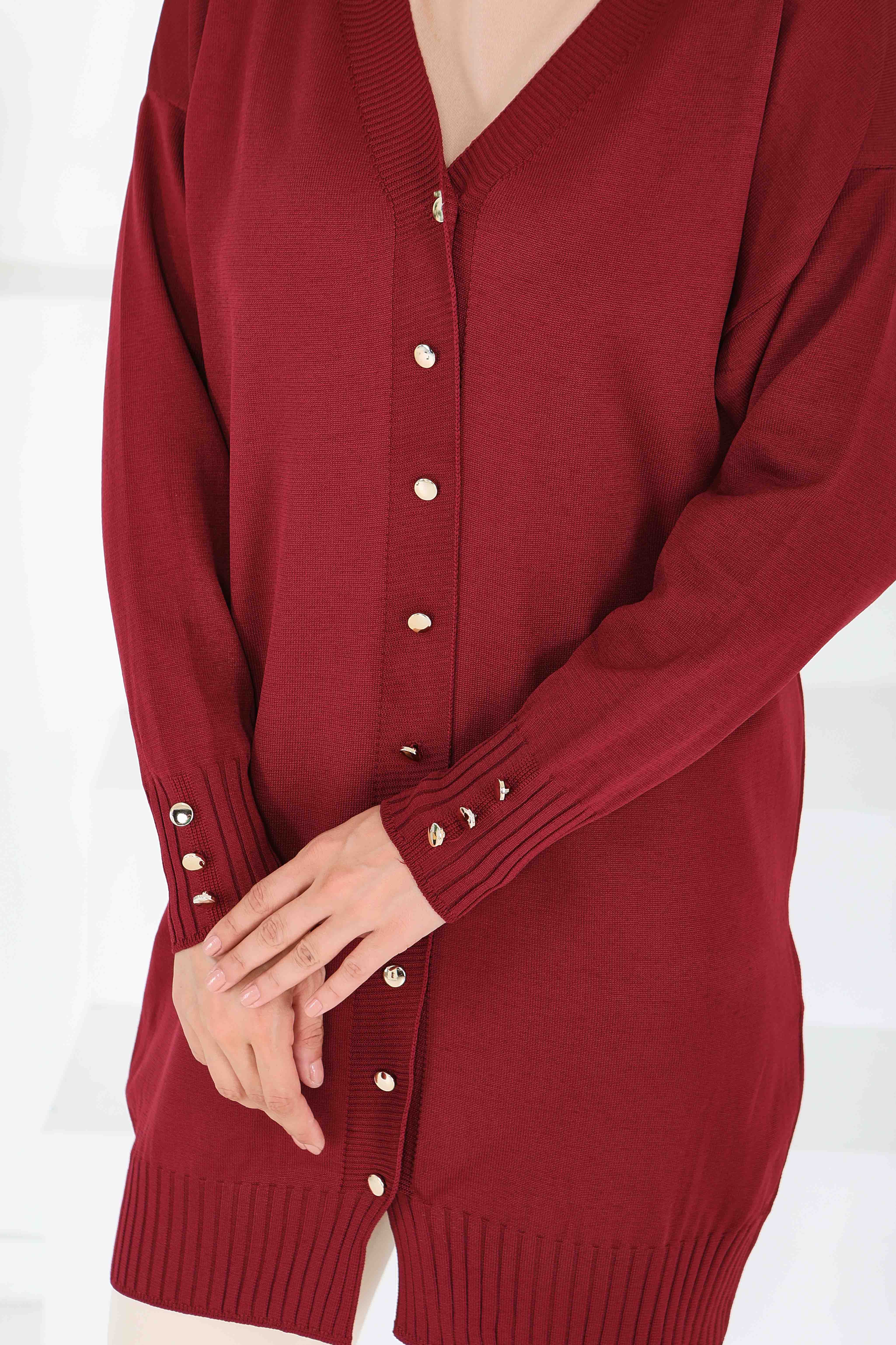 Düğmeli Triko Hırka - 27798-BORDO - 4