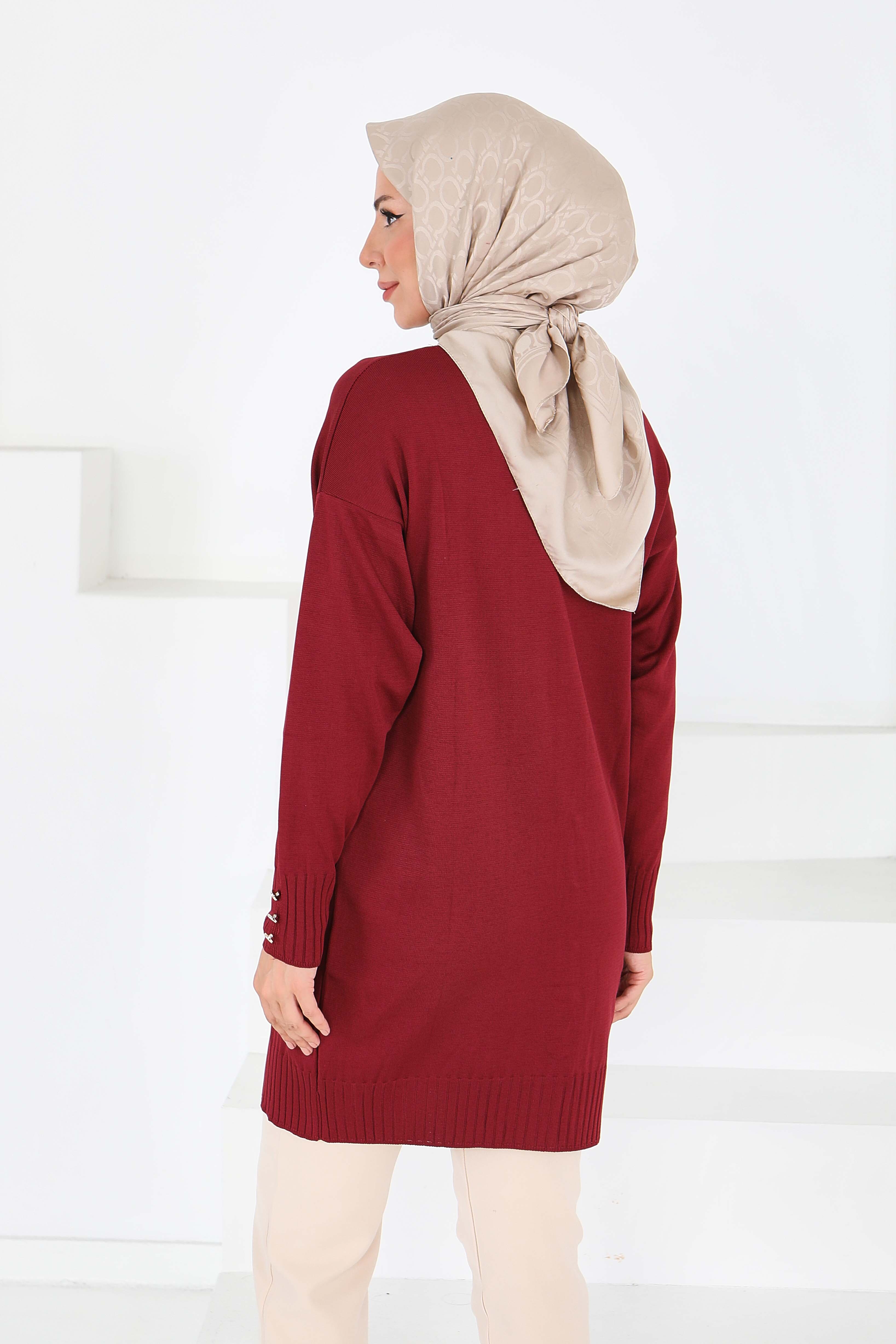 Düğmeli Triko Hırka - 27798-BORDO - 5