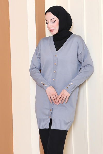 Düğmeli Triko Hırka - 27798-GRI 