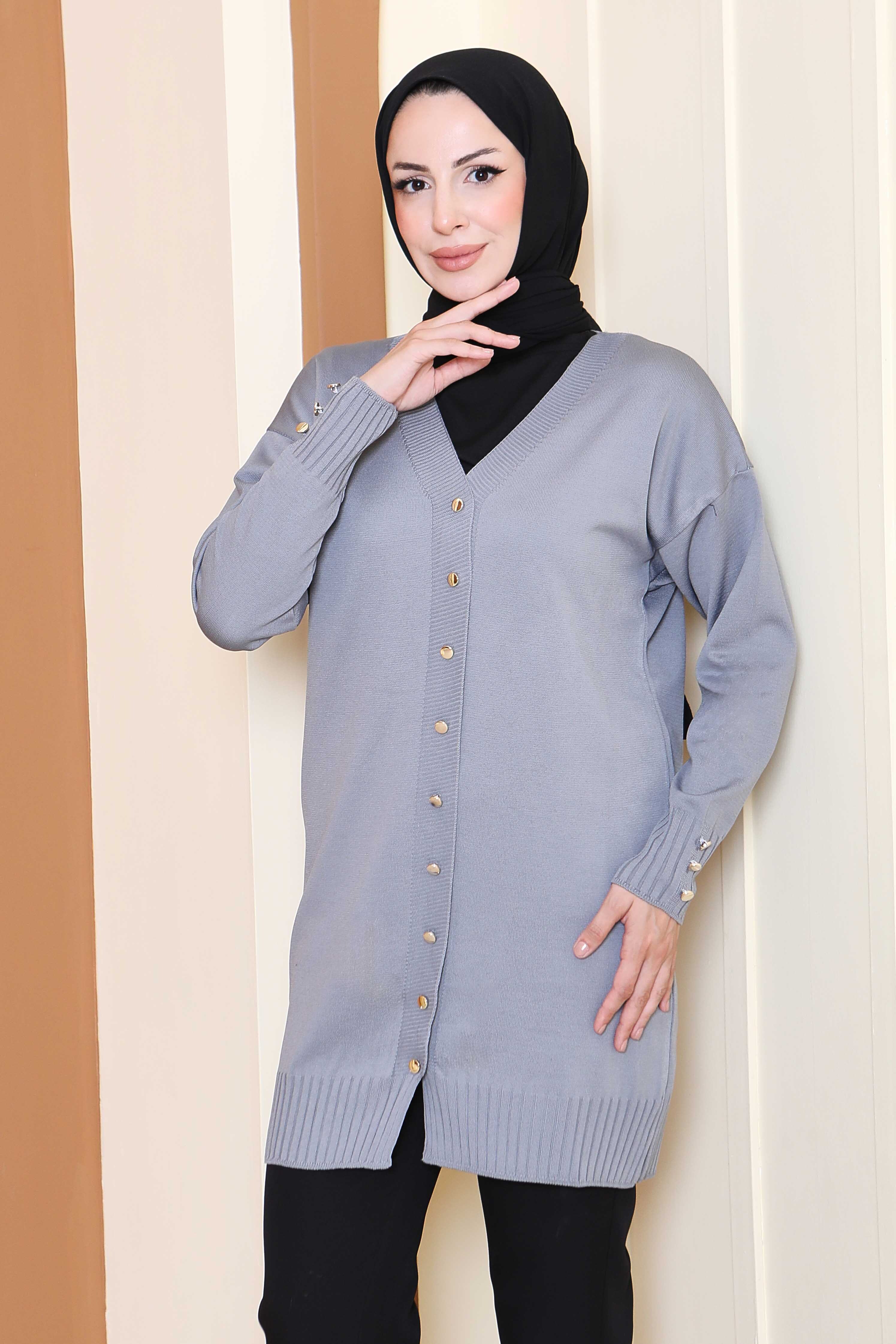Düğmeli Triko Hırka - 27798-GRI - 4